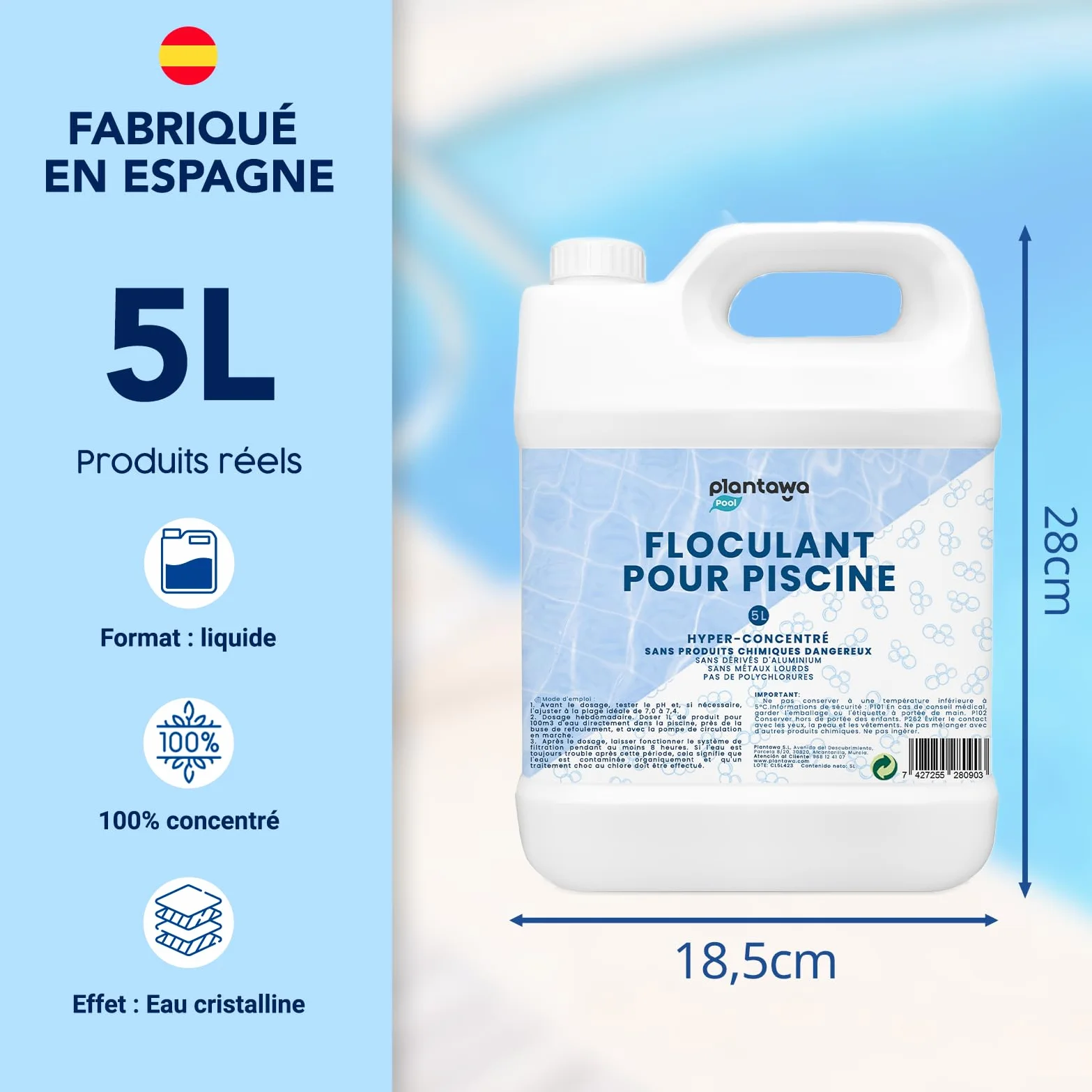 Onepool Floculant Piscine 5L Concentré Clarifiant Eau Trouble sans Métaux Lourds Compatible Tous Filtres
