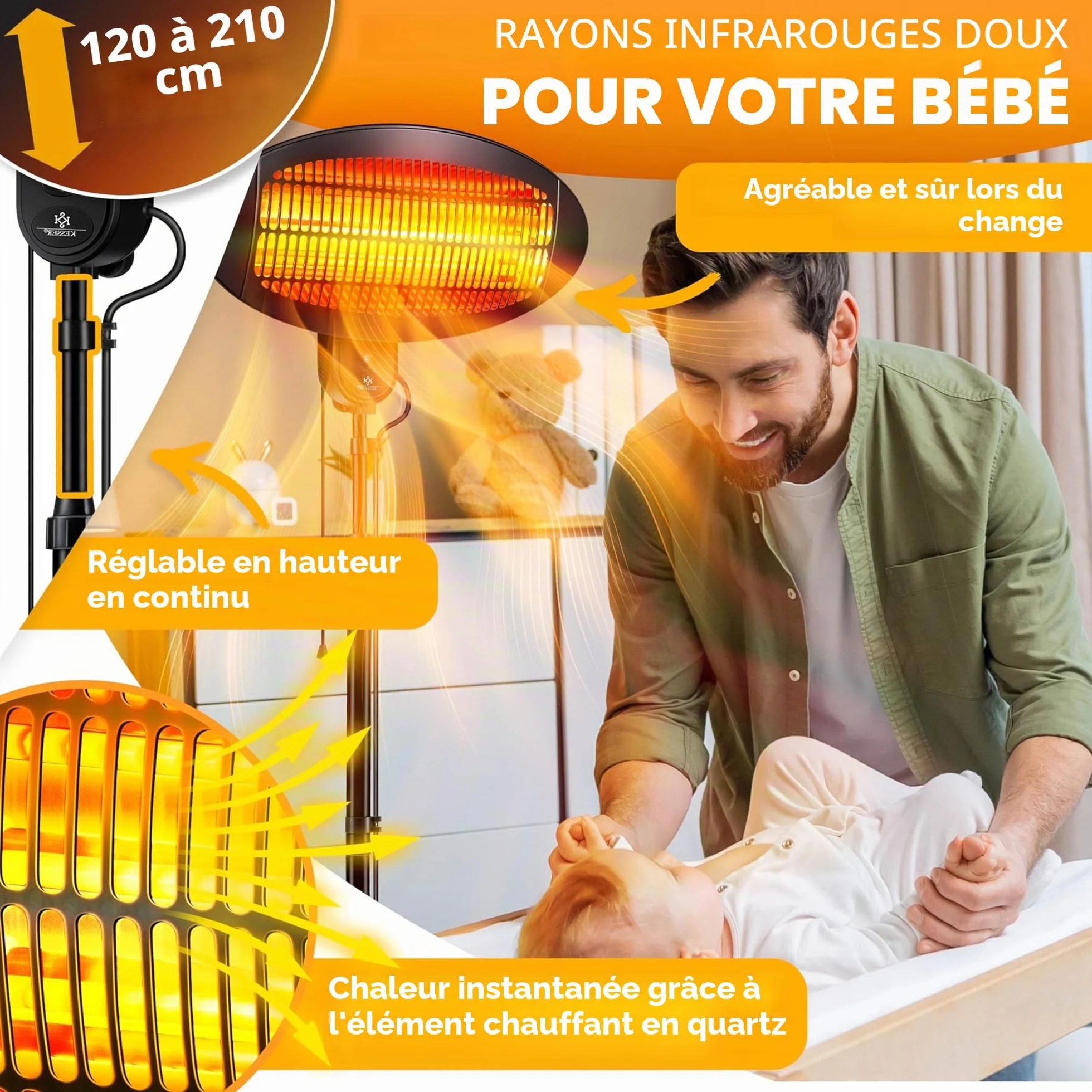 KESSER Chauffage radiant 2000 Watt Infrarouge sur pied terrasse intérieur extérieur