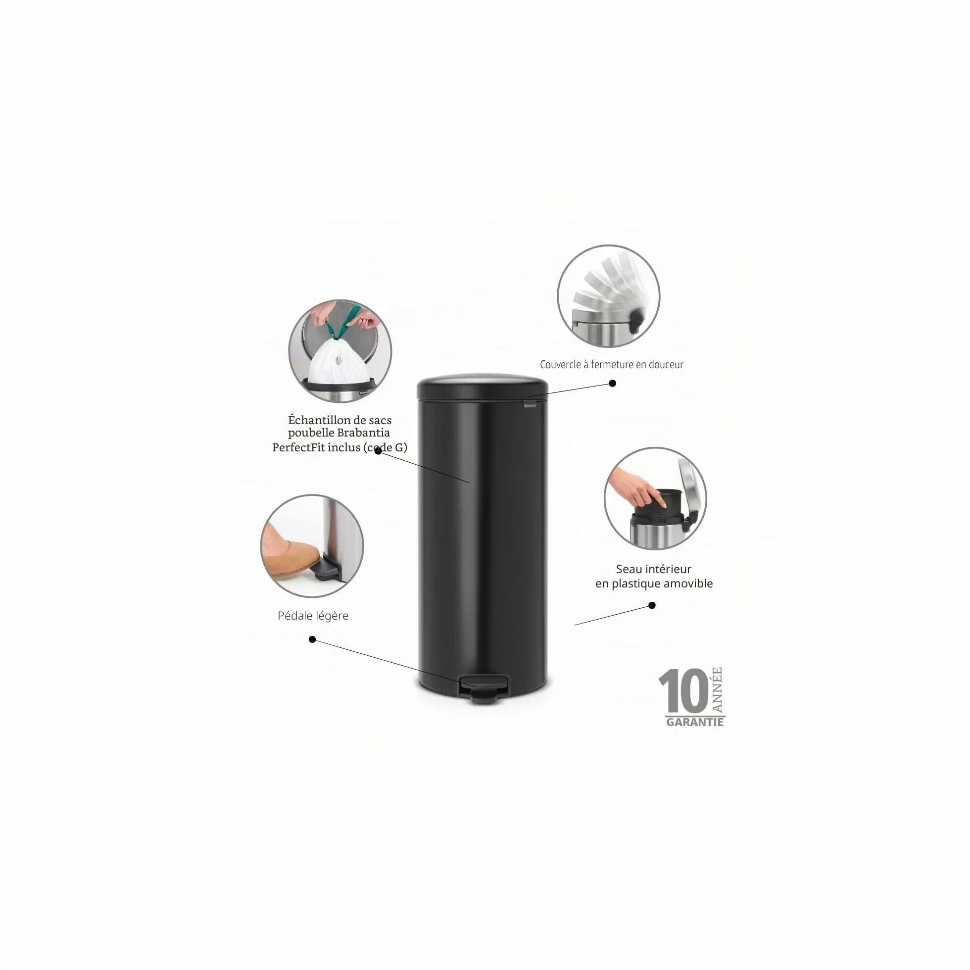 Brabantia Poubelle à Pédale Newicon 30L Noir Mat