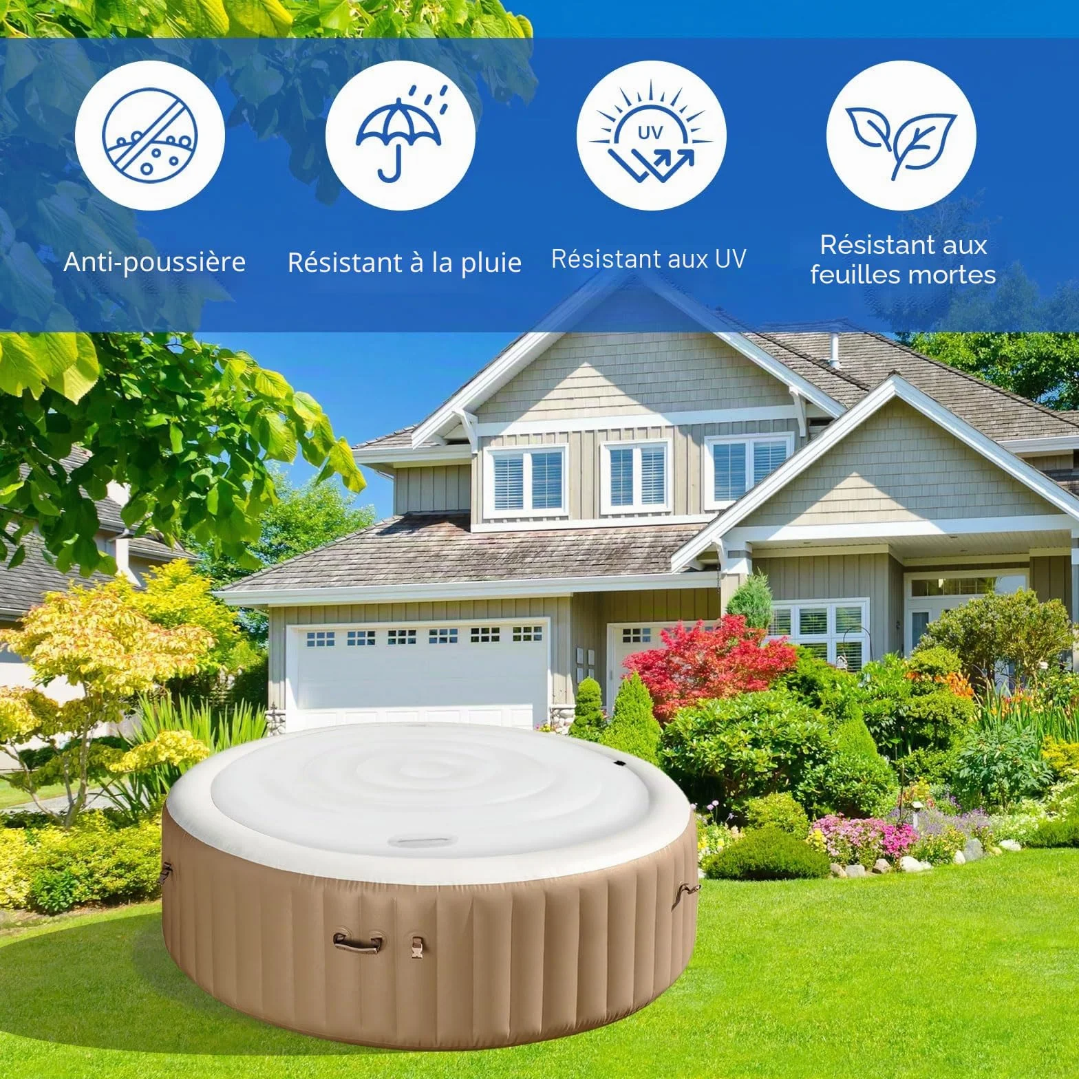 Couvercle de Bain à Remous 138cm PVC Couverture Spa Gonflable Isolation Thermique Pliable Rond Extérieur