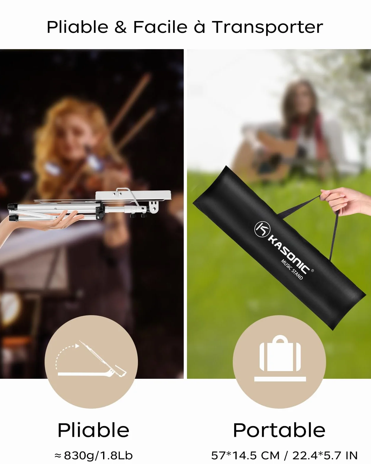 K KASONIC Pupitres de Musique Solides et Légers, 2 en 1 Portatif, Sac de Transport, Blanc