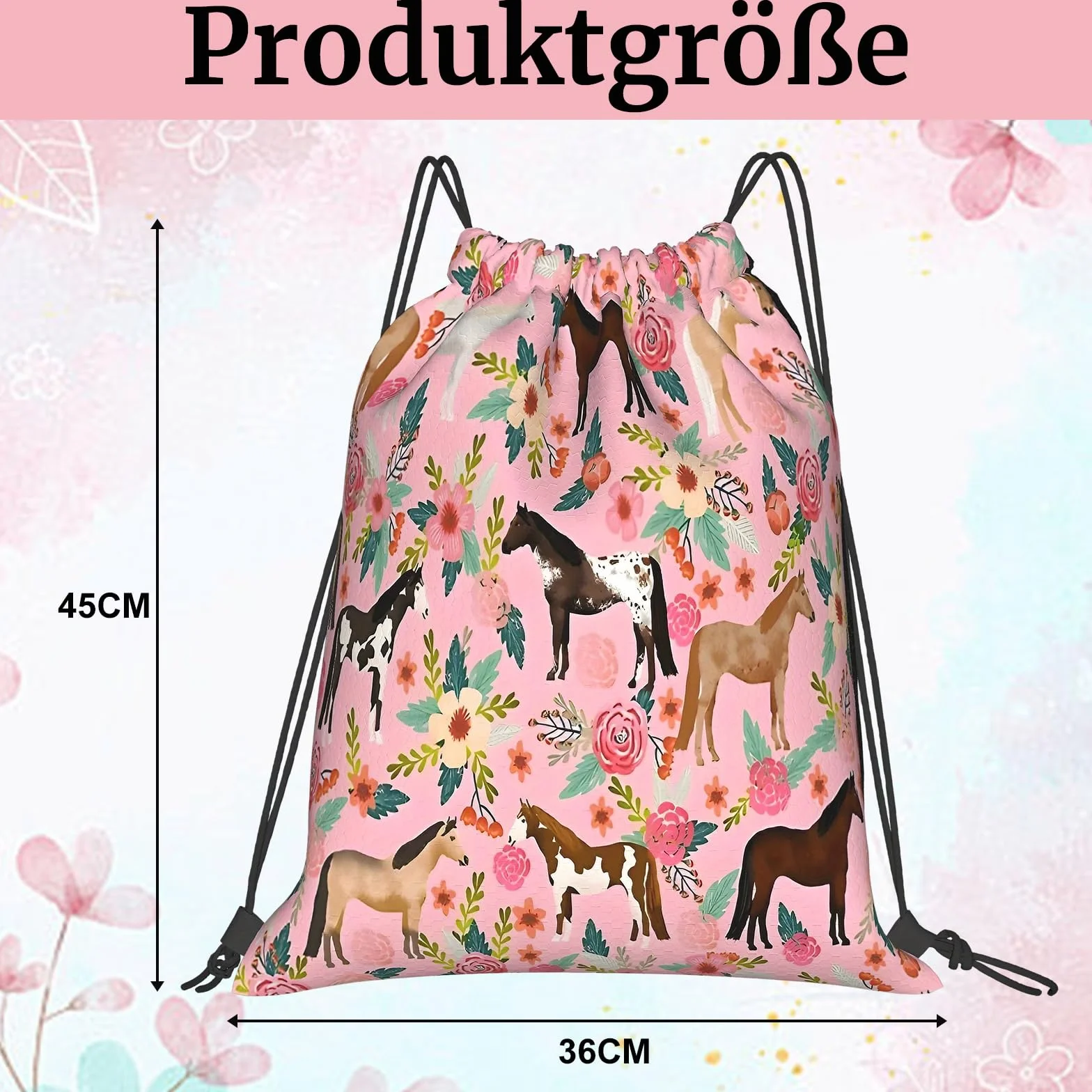Sac de gym design cheval et fleurs - Pliable - Grande capacité - Cordon de serrage - Sac de sport multifonction et sac à dos de natation - Sac à cordon de serrage pour le sport, la salle de gym, les