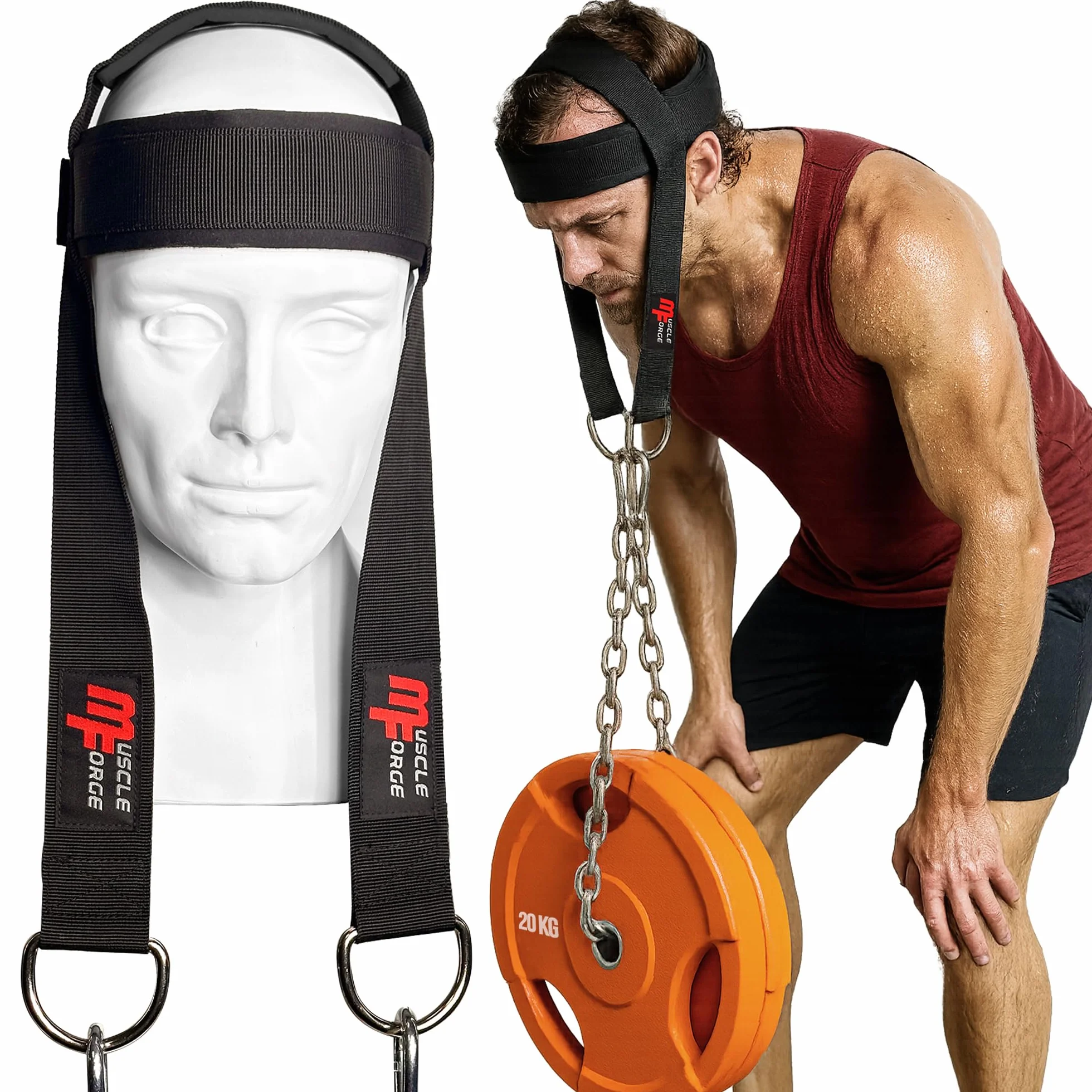 Harnais Cou Musculation 240 kg - Harnais Tête Néoprène Réglable avec Chaîne Acier - Neck Training Boxe MMA Lutte