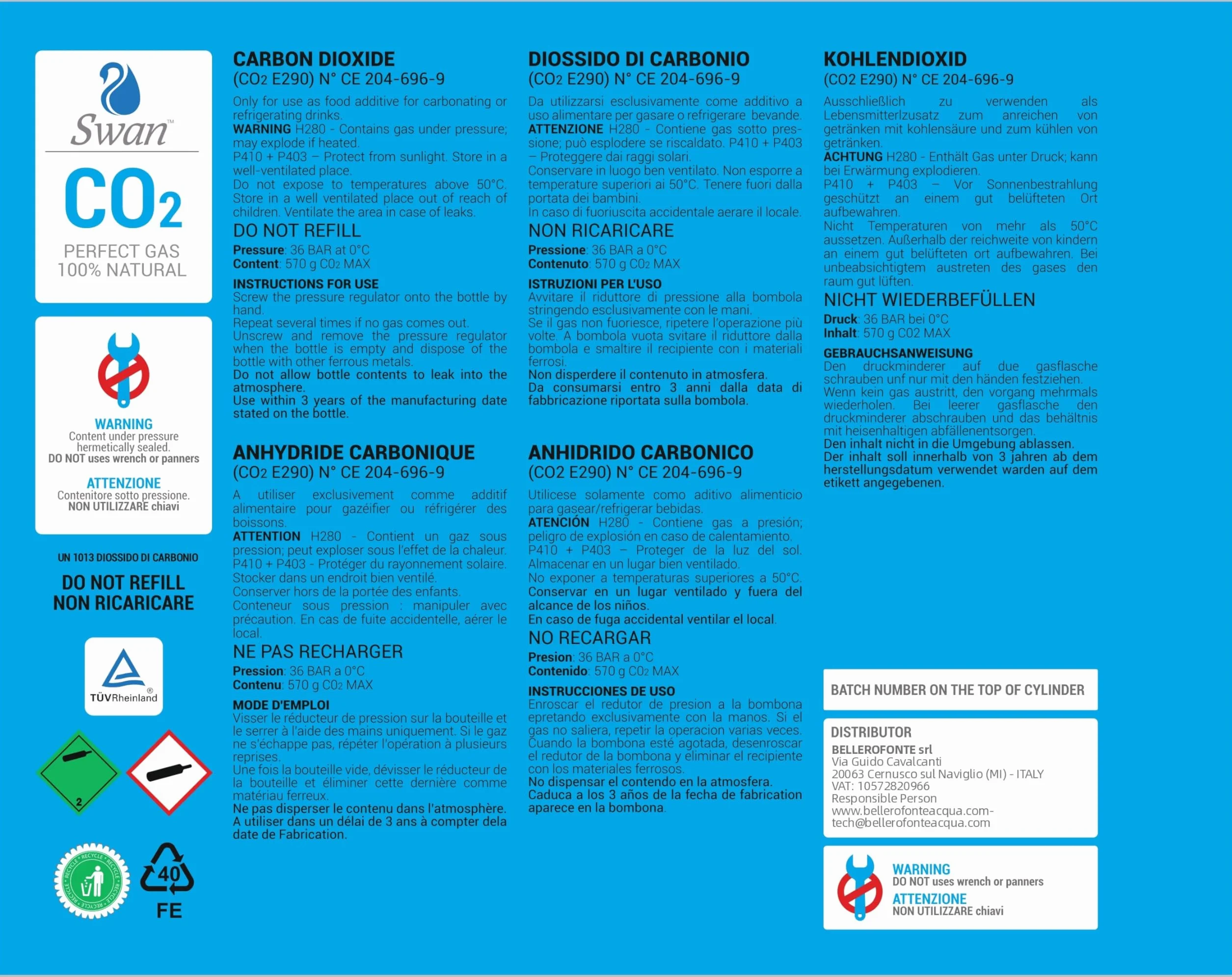 Swan Lot de 3 bouteilles de CO2 600 g E290 alimentaire M11 x 1 pour gazeuse compatible universel certifié TUV