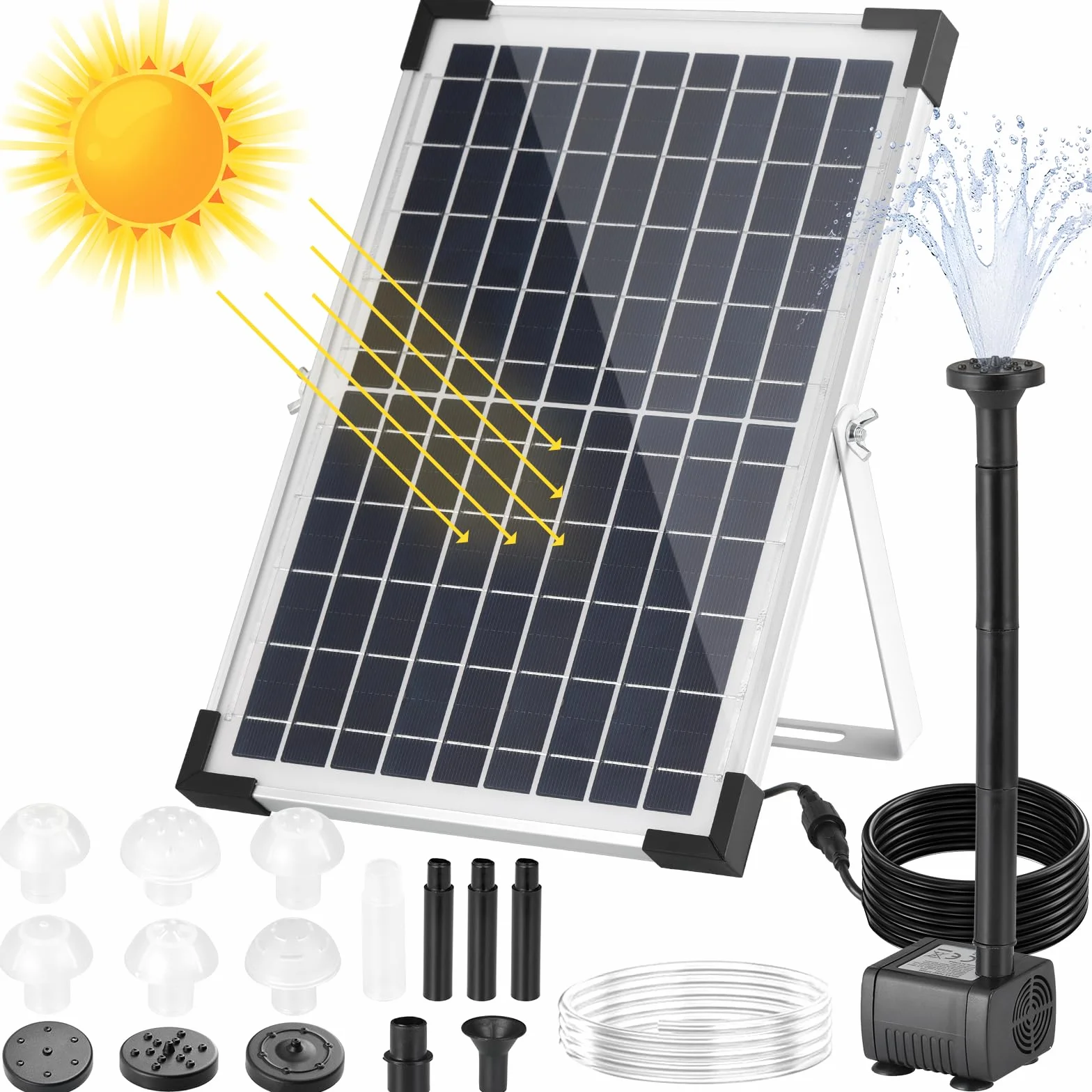 Fontaine Solaire Pompe à Eau 9V 10-12W 190L/h avec Tuyau 1m Câble 3.25m 9 Buses pour Bassin Jardin