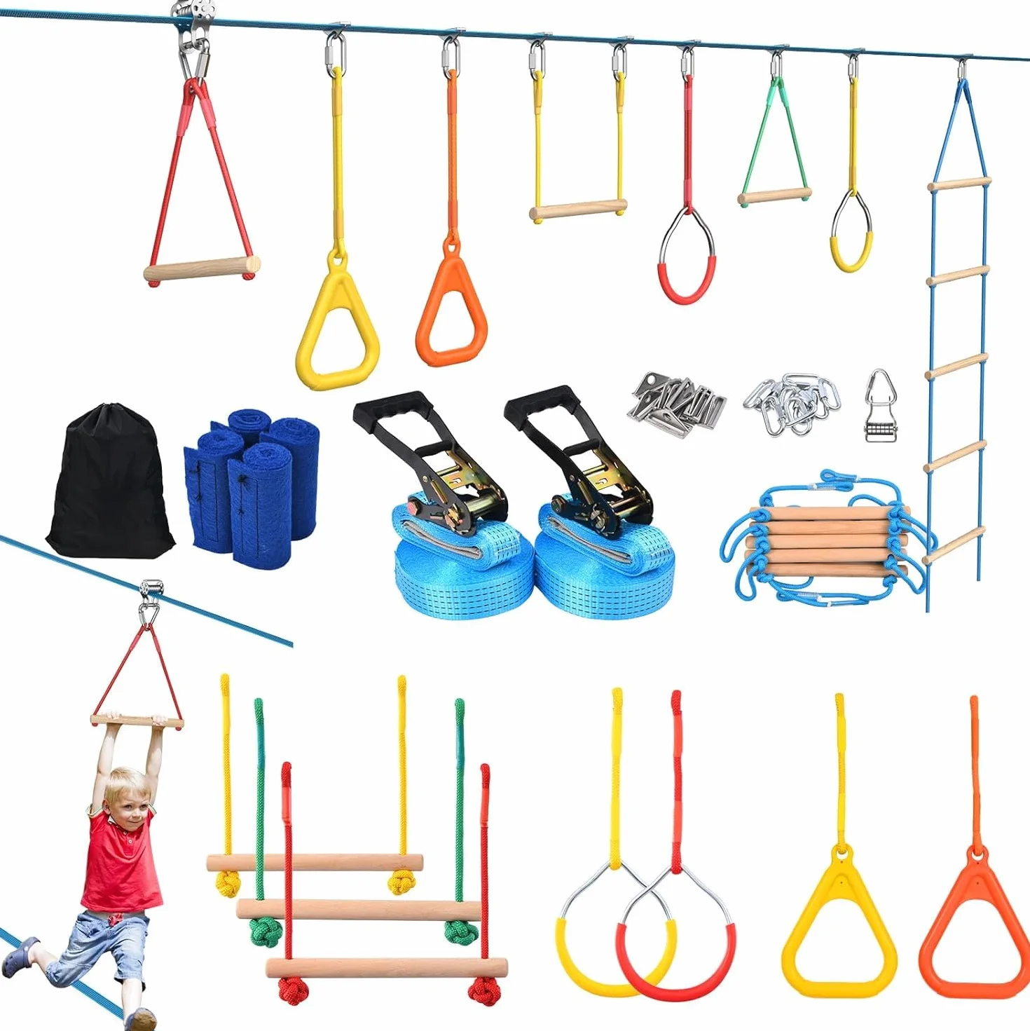 Hapfan Parcours Ninja Enfant Exterieur,15m×2 Slackline avec 8 Obstacles à Suspendre Mixte,Slackline kit Parcours d'obstacles à Suspendre en Plein air,Filet et échelle,Monkey Bar Kit pour Enfants