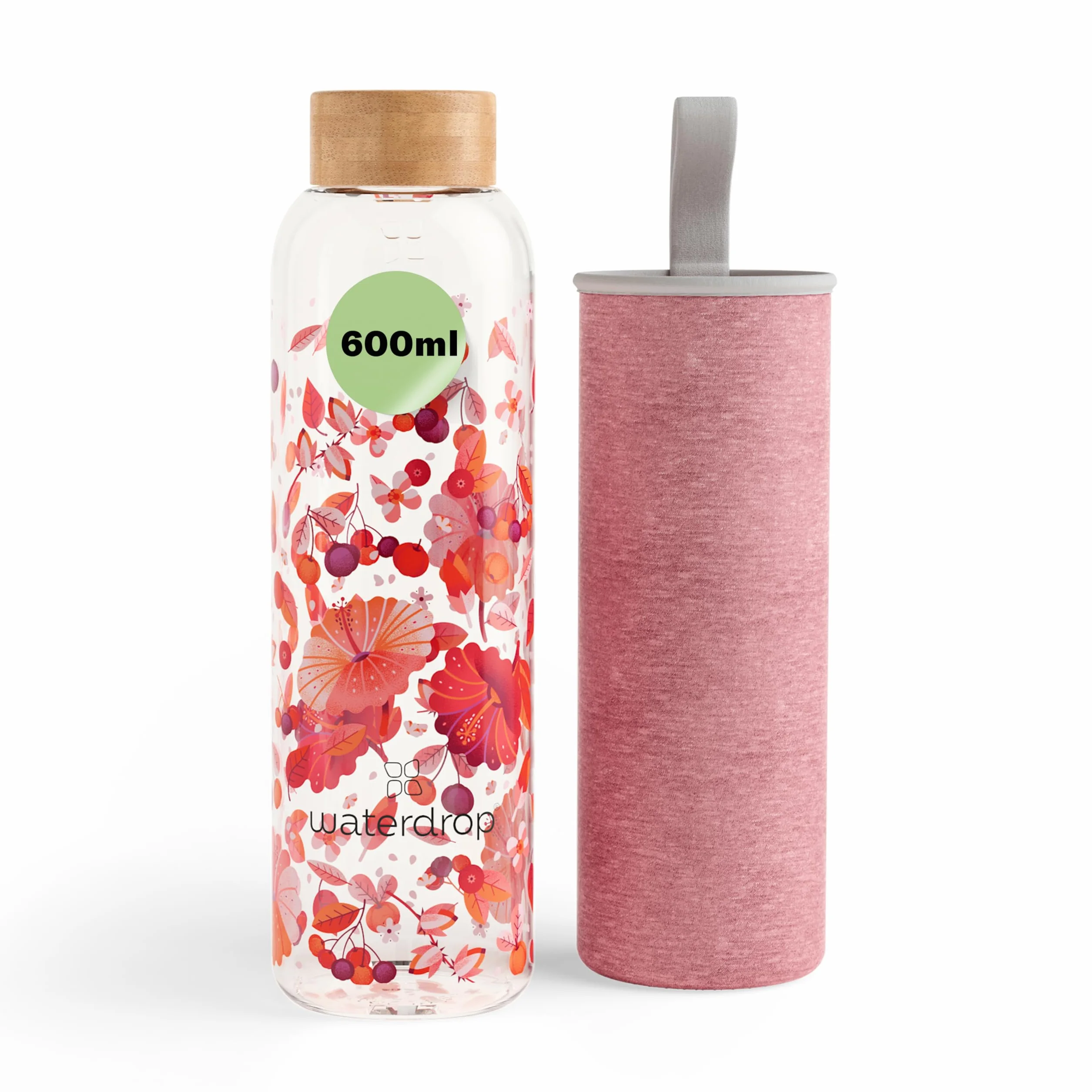 waterdrop® Bouteille en Verre 600ml – Gourde Réutilisable en Verre Borosilicate avec Bouchon Bambou et Housse, Sans BPA, Étanche, Idéale pour Maison, Bureau, Sport, Voyage