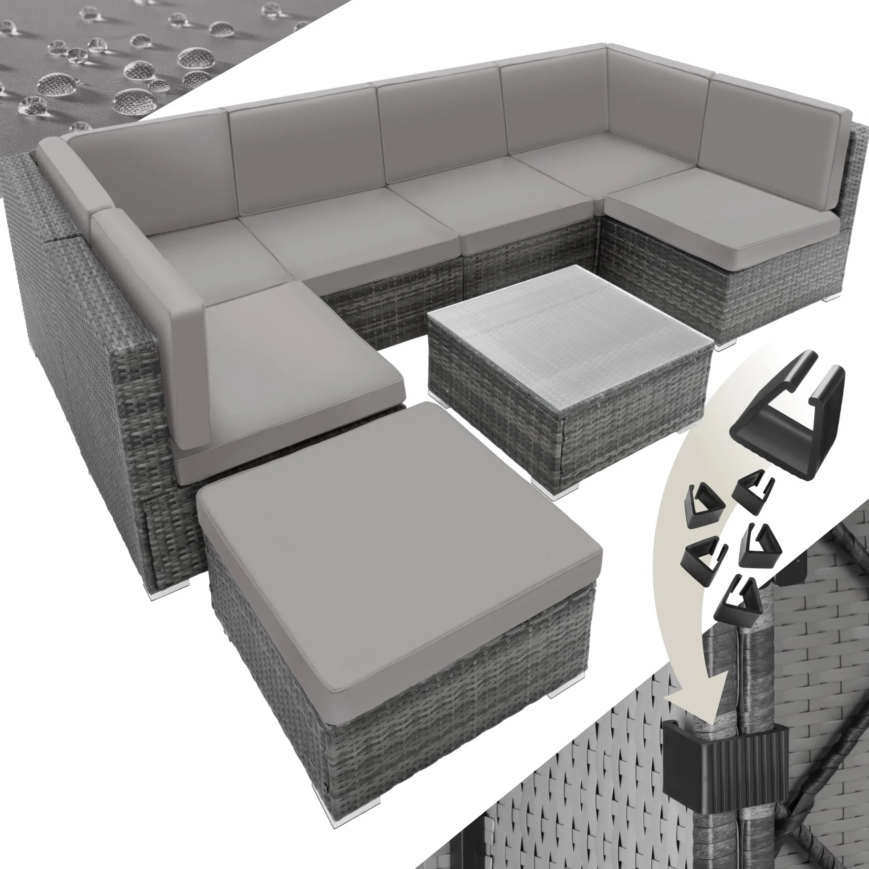 Tectake Salon de Jardin en Rotin Modulable, Canapé Ensemble 6 Fauteuils 1 Tabouret Pouf 1 Table Gris
