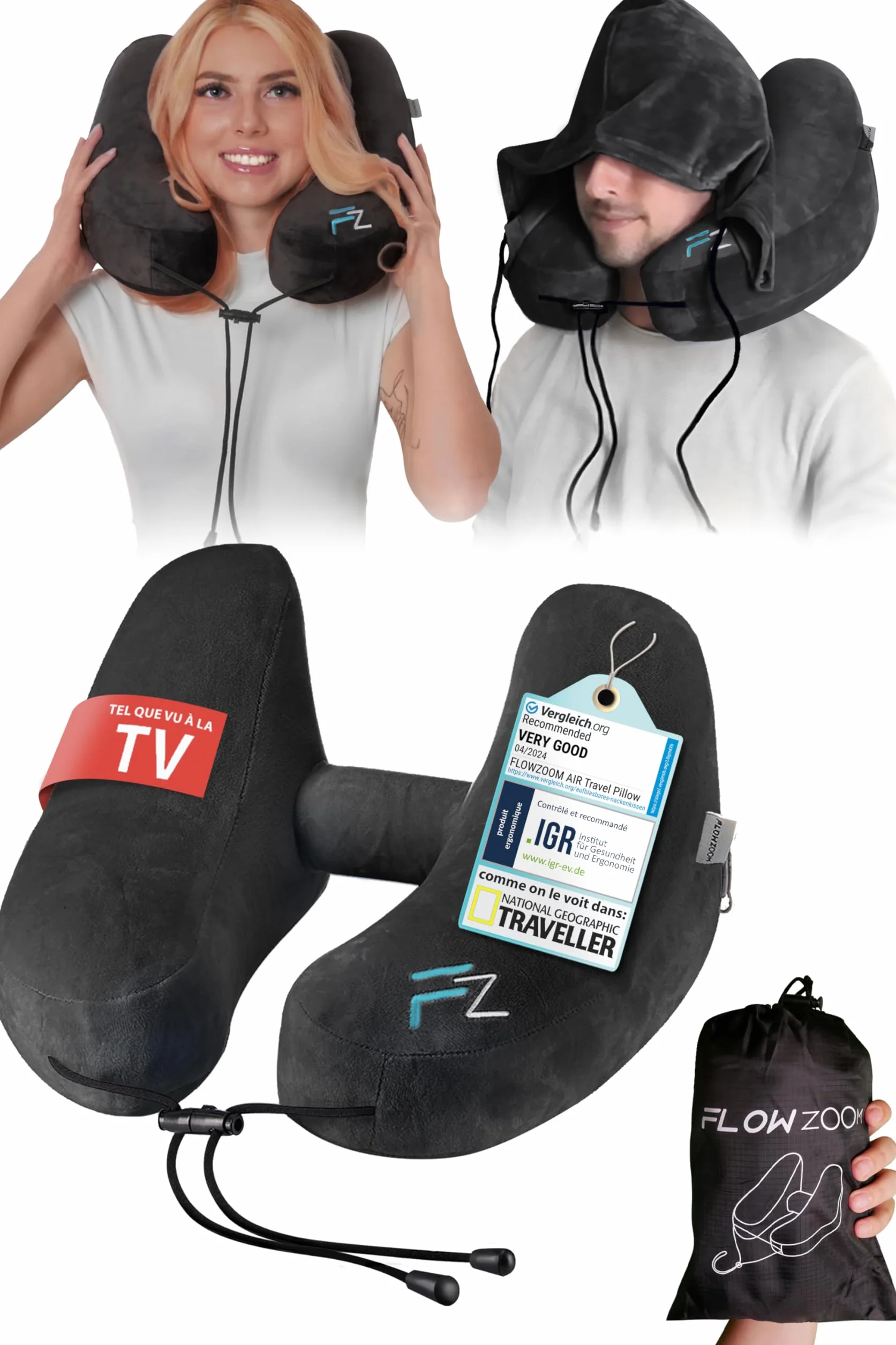 FLOWZOOM Air Oreiller de Voyage Gonflable pour Avion Voiture, Coussin Cervical Réglable 5 Positions Sommeil, Taille L Noir