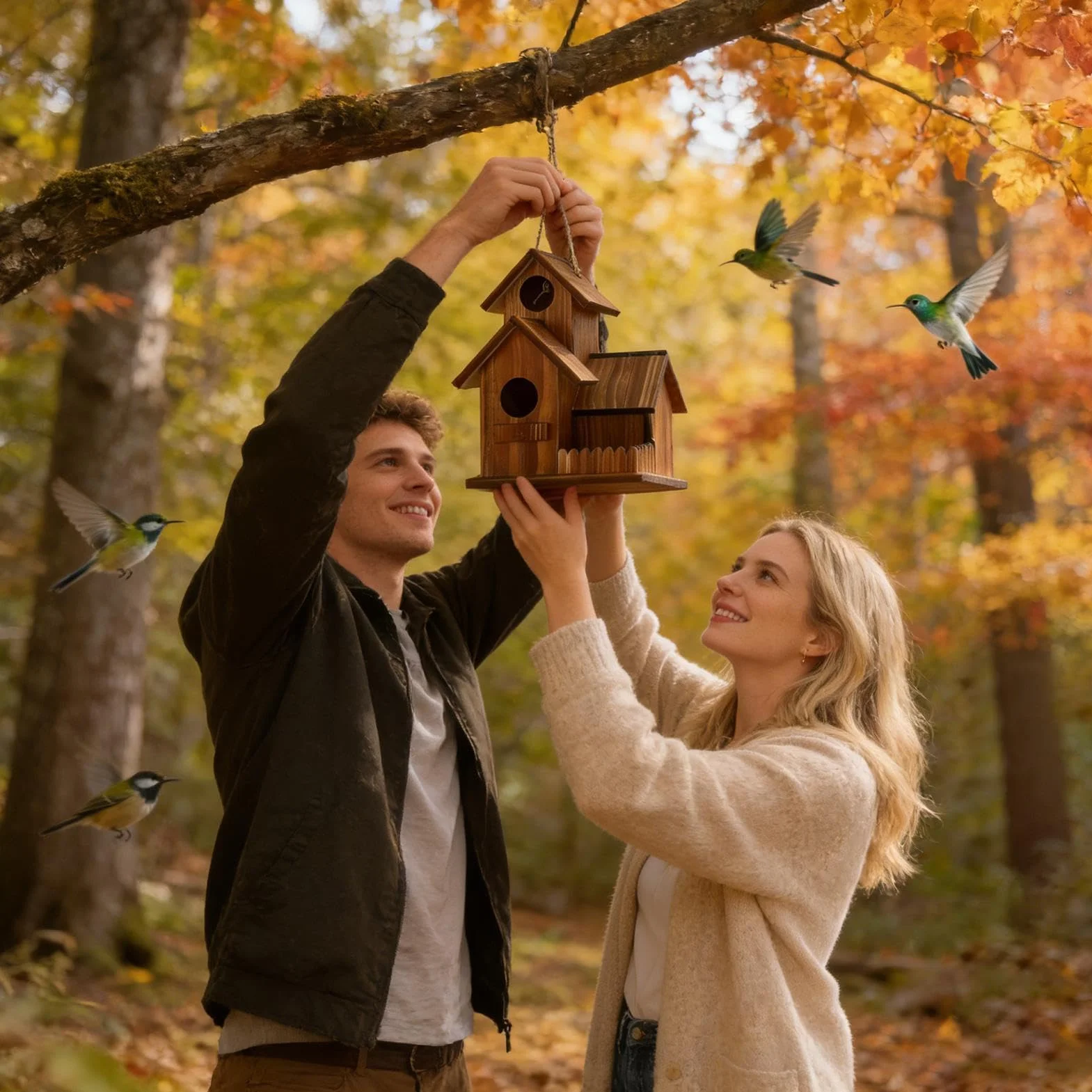 Mangeoire pour Écureuils en Bois Naturel, Distributeur Nourriture Résistant aux Intempéries avec Toit