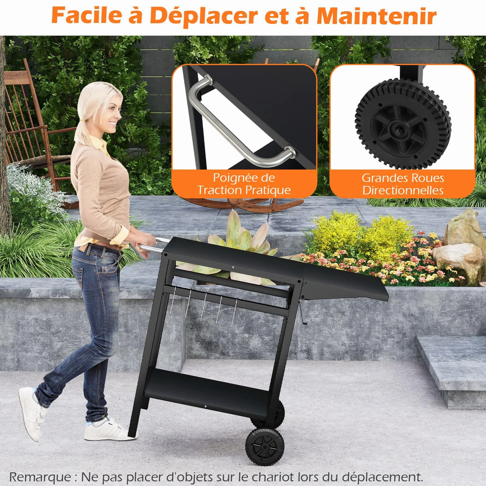 GOPLUS Desserte Jardin Chariot Barbecue avec 2 Roues, Plateau Pliant, 96,5x64x75cm, Noir