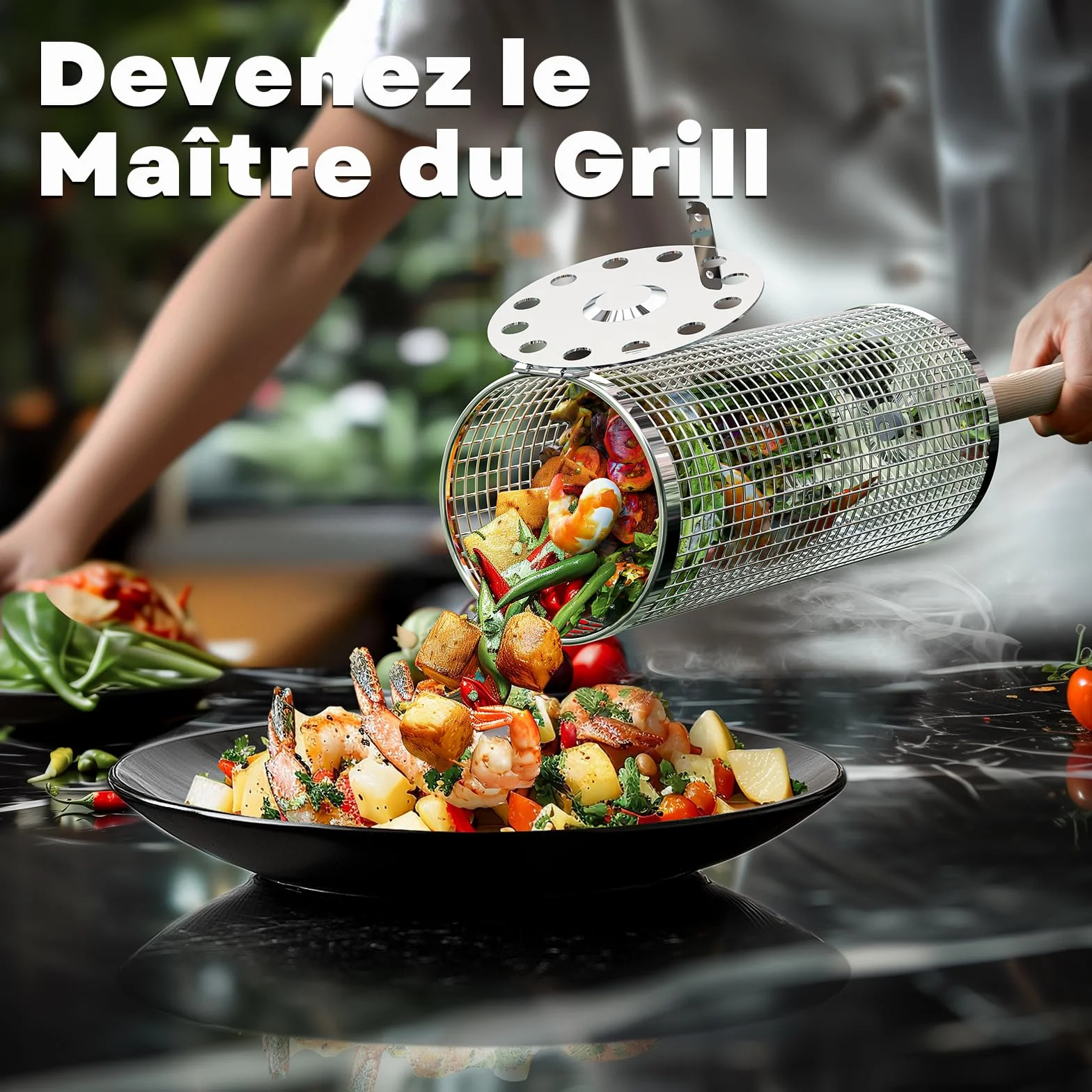 Panier à Barbecue Roulant en Acier Inoxydable 304, Poignée Détachable, Gigogne, Accessoires Grille à Légumes