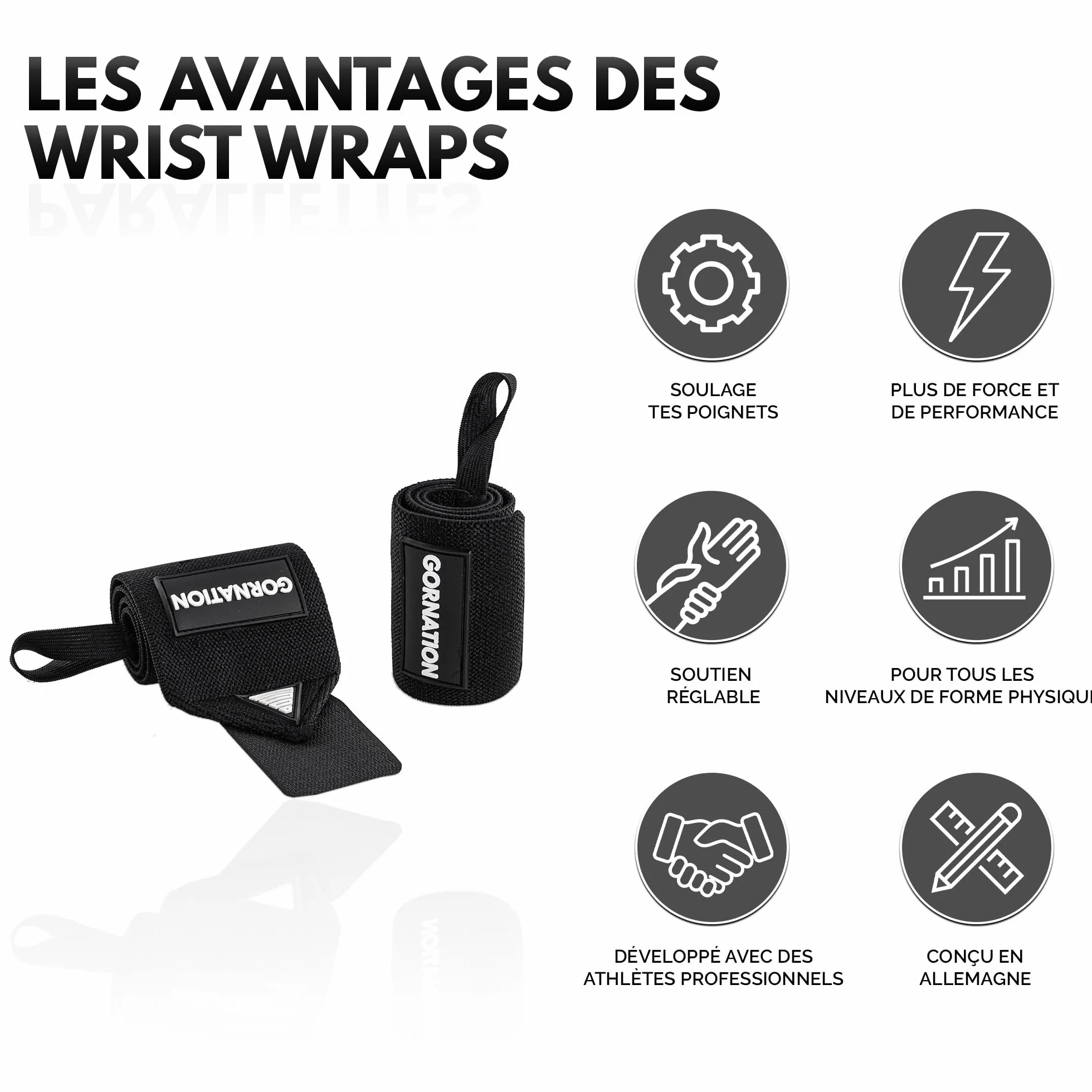 GORNATION Protège-Poignets, Bande Poignet Musculation, Power Wrist Wraps pour Musculation, Crossfitness, Gym, Street Workout et Sports de Force, Bandes de Poignet - 1 Paire, Noir