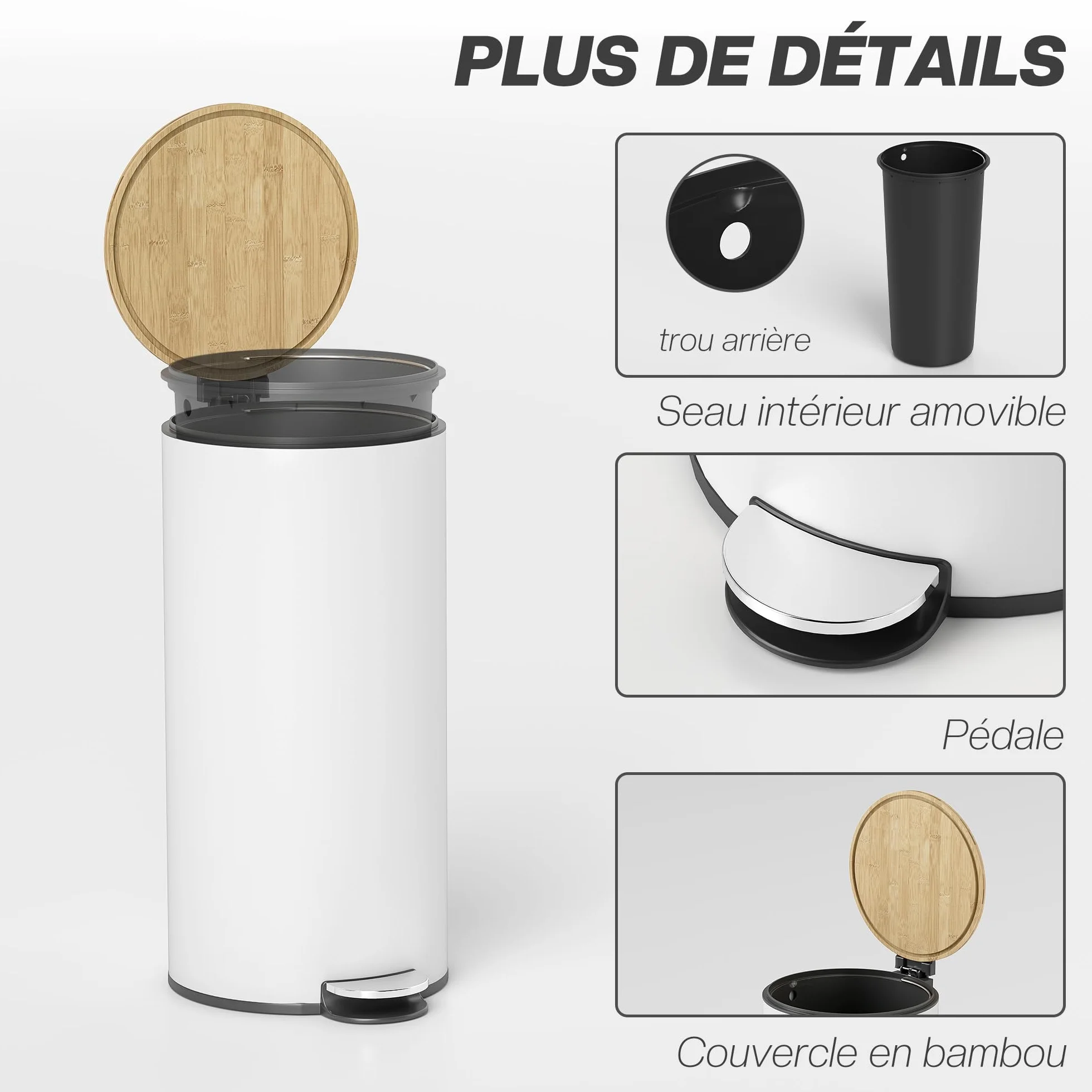 HOMCOM Poubelle Cuisine 30L Poubelle à Pédale Métal Seau Intérieur Amovible Couvercle Bambou Fermeture Douce Blanc