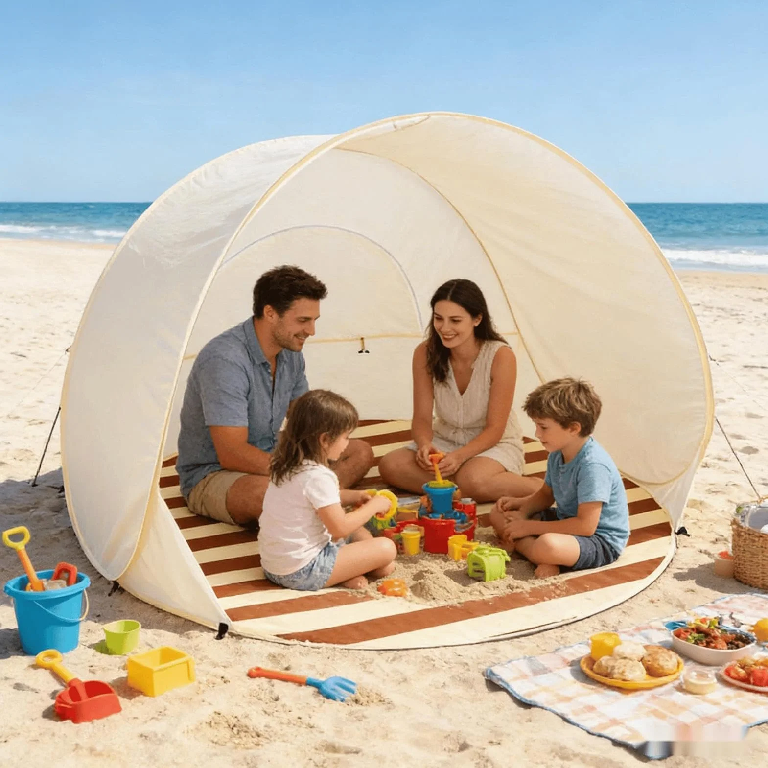 Tente De Plage Pop-up pour 3-4 Personnes, Abri De Plage Anti-UV UPF 50+, Tente De Plages Bébé avec Fenêtres en Filet, Coupe-Vent Semi-Ouvert Portable pour La Plages Et Le Jardin