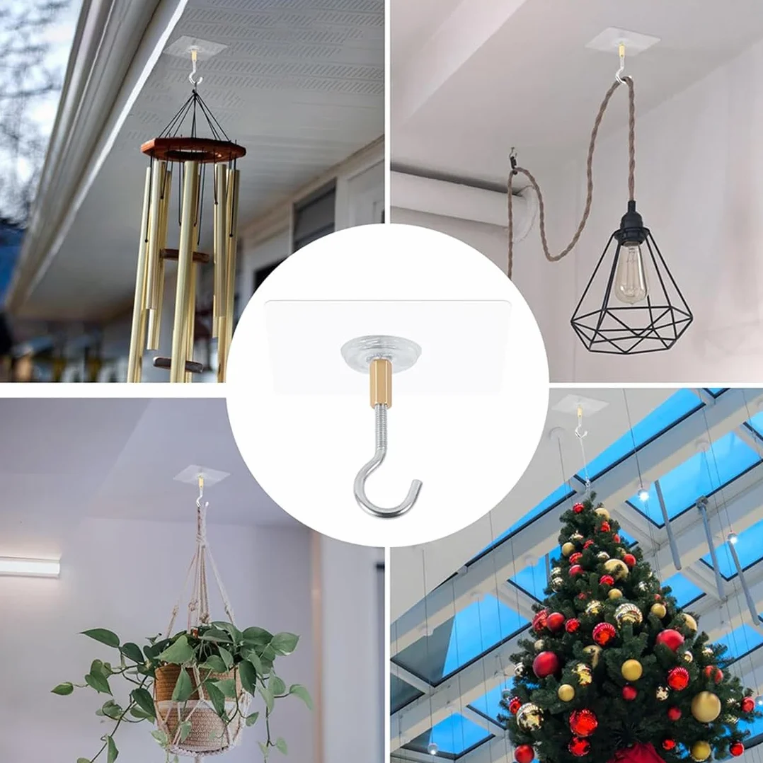 Crochets de Plafond Autocollants Sans Perçage Transparent, 4 Pièces, Acier Inoxydable pour Plantes Suspendues