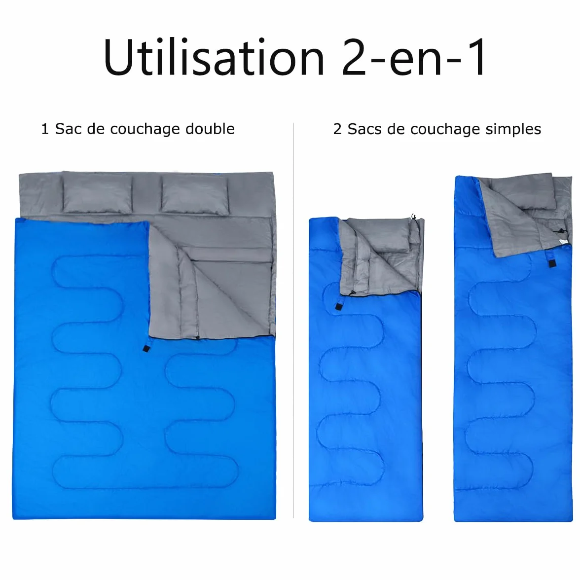 GYMAX Sac de Couchage Adulte 220 x 150 cm, Séparable pour 2 Personnes avec Oreillers, 2 Modes d'Utilisation, Pratique avec Fermetures Éclairs, Design Léger et Étanche, pour Camping, Randonnée