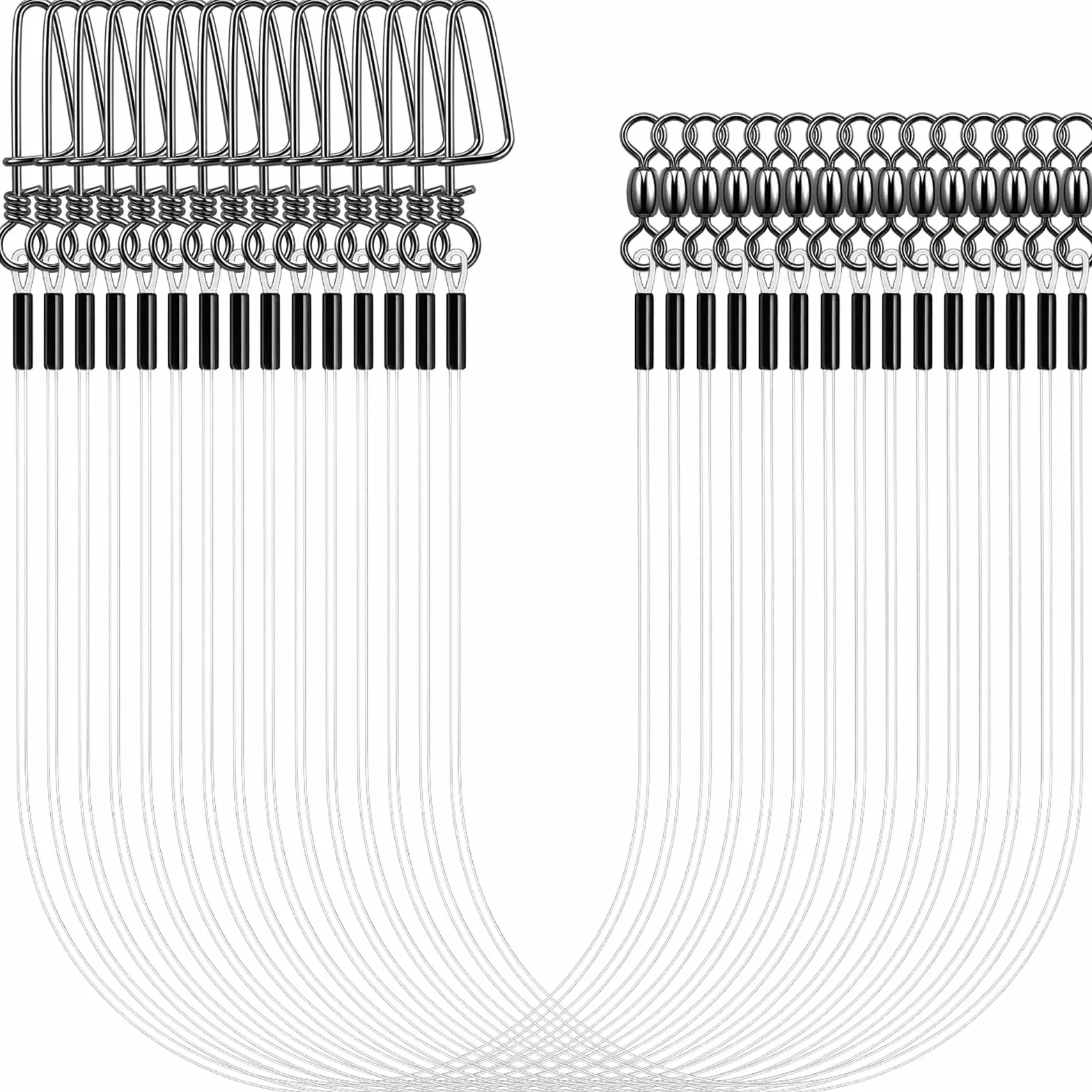 Lot de 15 leaders en fluorocarbone avec émerillon et mousqueton - Transparent - Pour brochet, truite, pêche à la pêche - 30 cm