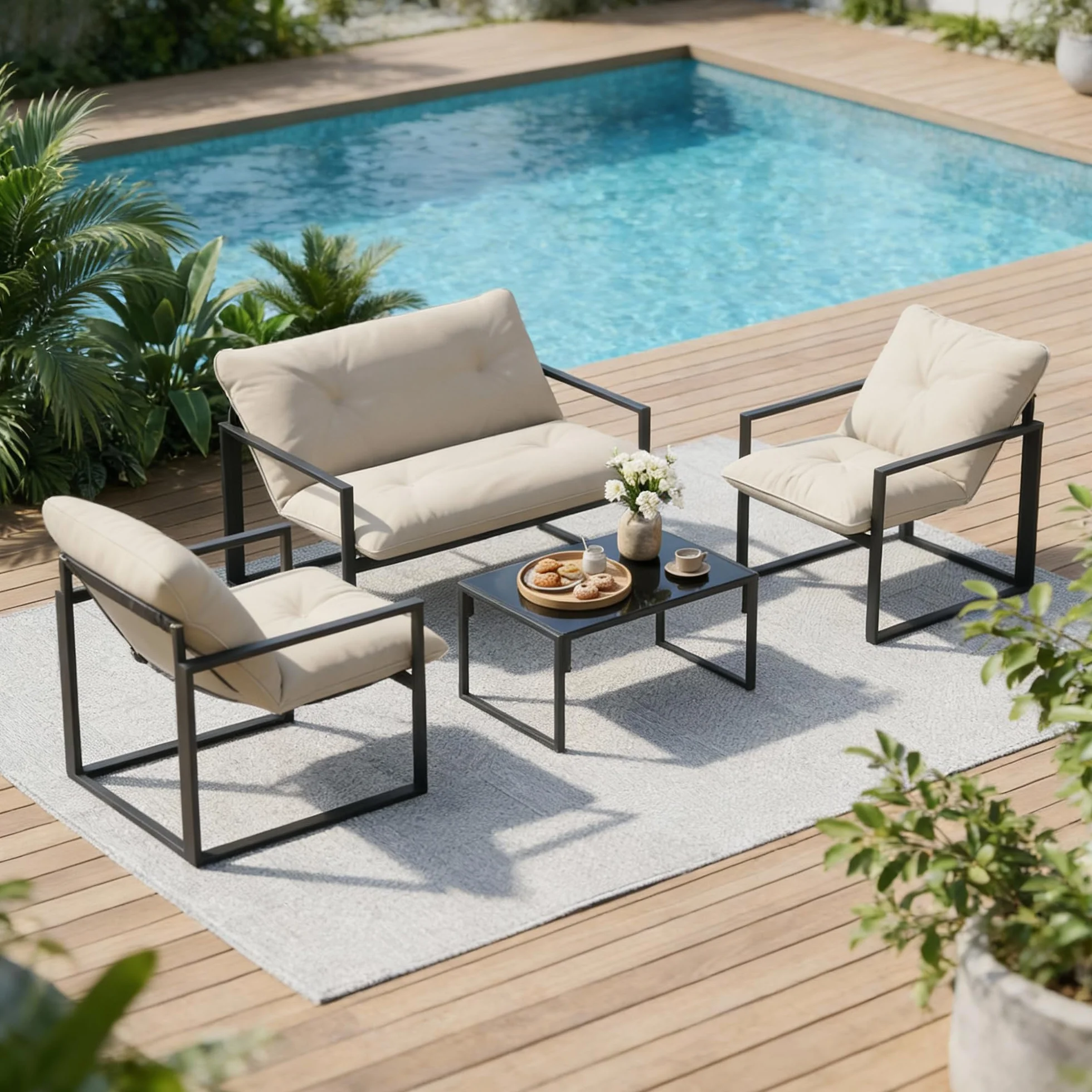 Outsunny Salon de Jardin 4 pièces Coussins Ultra-épais 15cm Ensemble mobilier Bas pour terrasse Canapé 2 Places Table Basse 2 Fauteuils Cadre Acier Noir