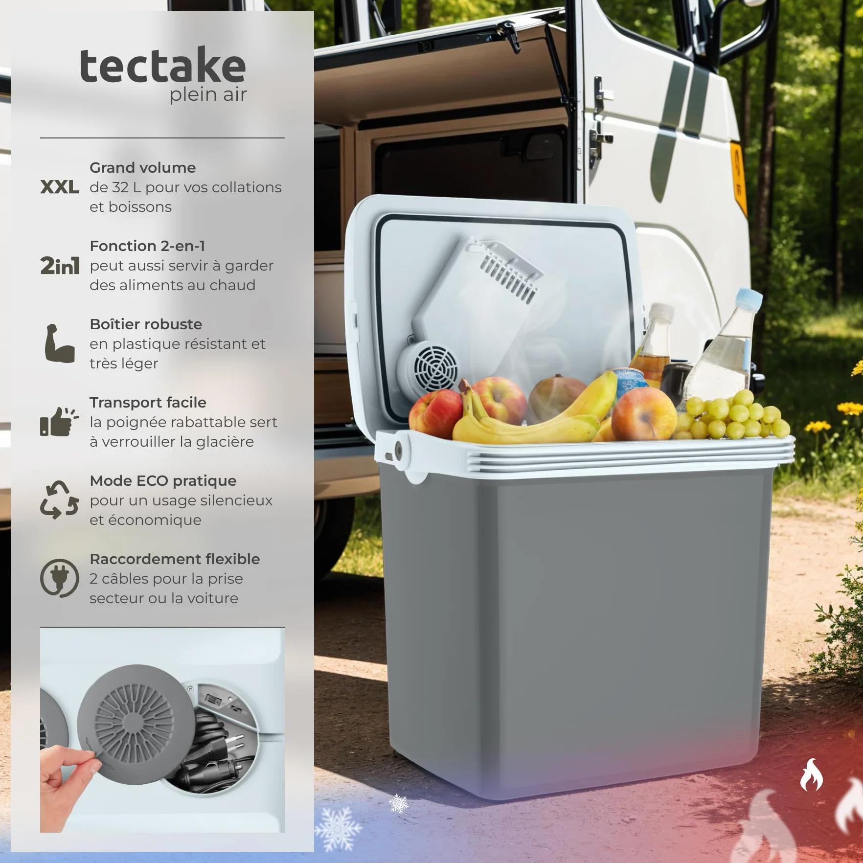 tectake® Glacière électrique 2en1 réfrigérante et chauffante 32 ou 40 L, Poignées de Transport, Mode ECO, Connexion Secteur 220V, Allume Cigare 12V, Glaciere Electrique Camping Pique Nique Plage