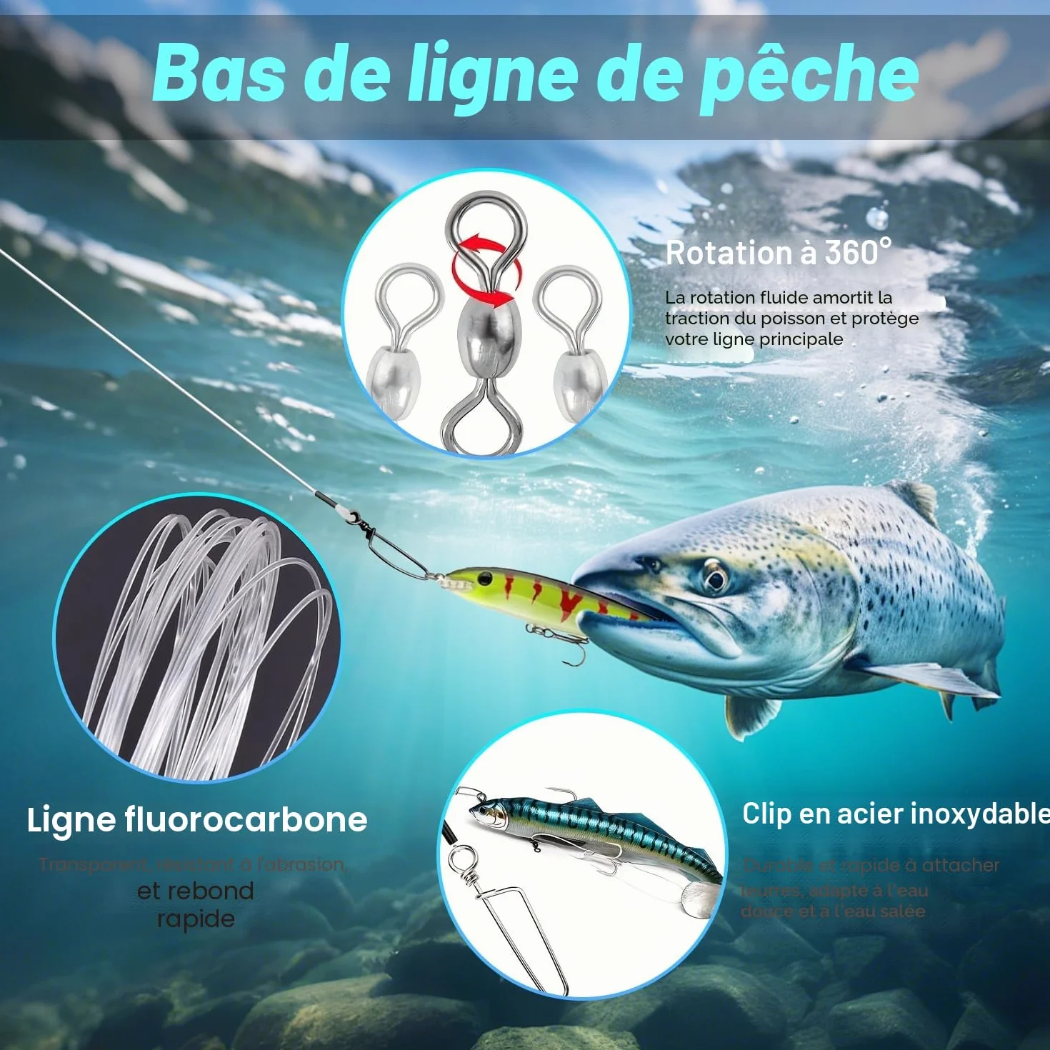 12 Pièce Bas de Ligne Fluorocarbone Bas de Ligne Carnassier avec Émerillon et Mousquetons Préinstallés Ils Permettent de Connecter Lignes Principale Leurres ou Hamecon Carpe en Eau Douce comme en Mer