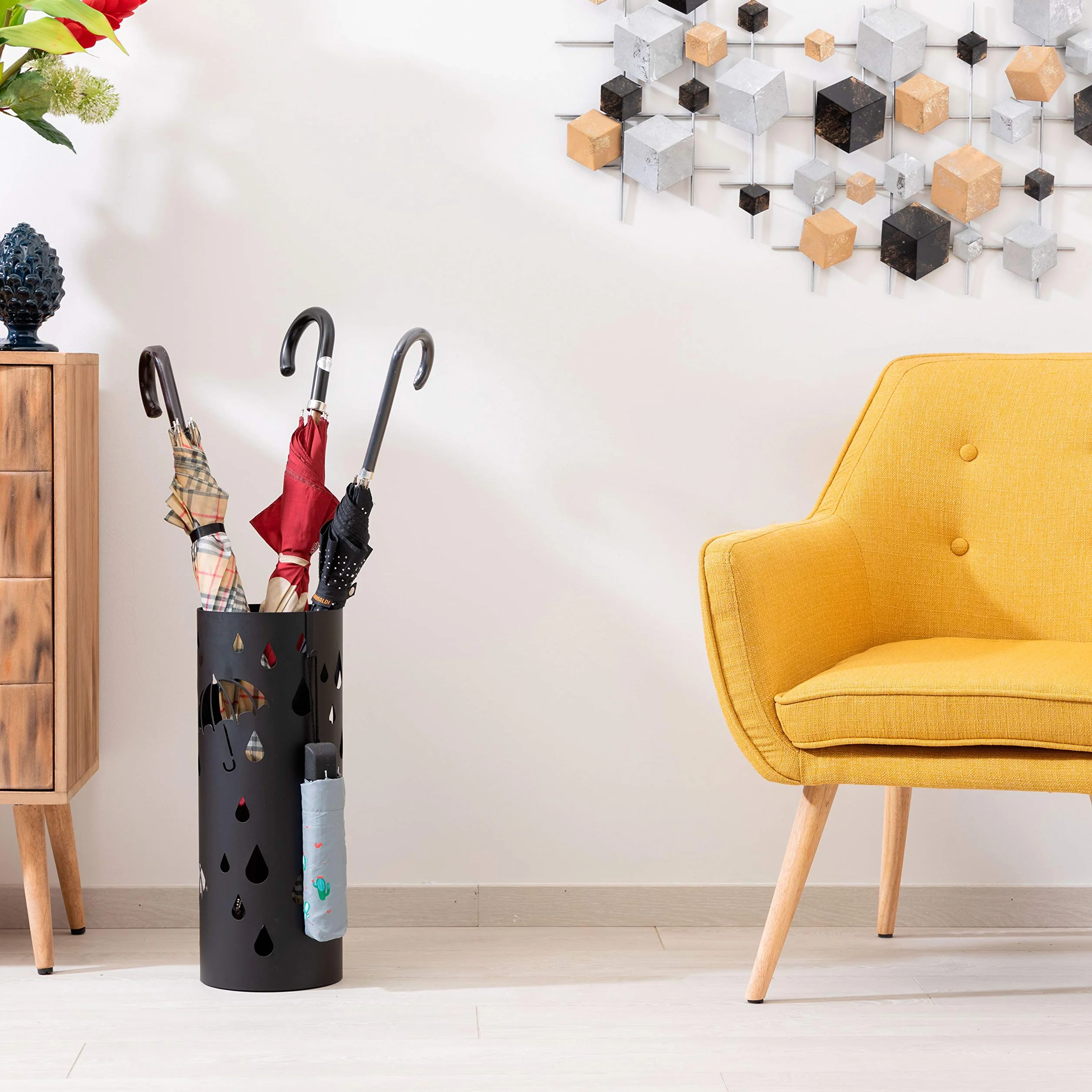 Baroni Home Porte-Parapluie Cylindrique Métal Design Moderne, Bac d'égouttement Extractible, Noir, 18,5x18,5x49 cm