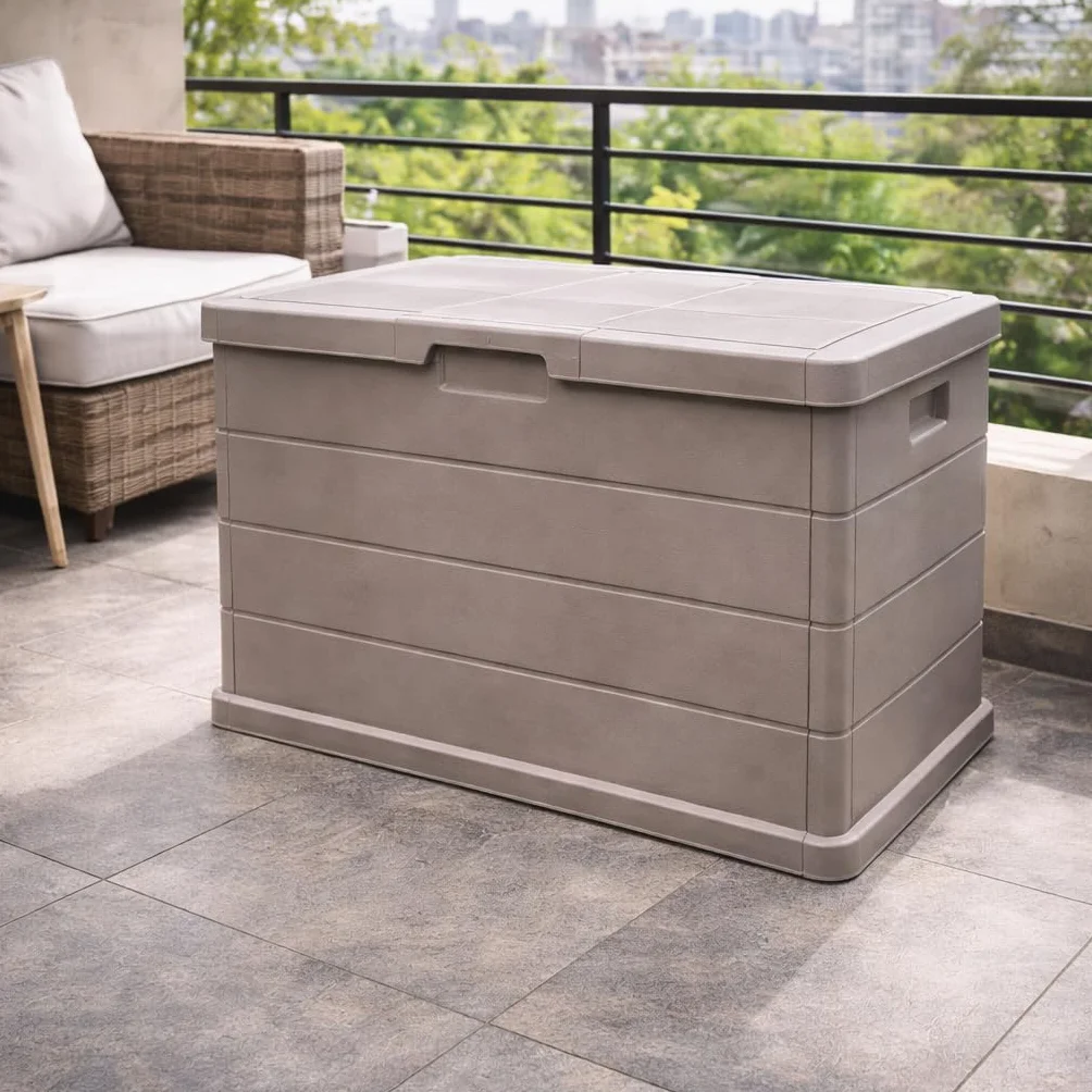 Baule Cassapanca Multi-usage 170LT Extérieur Intérieur Effet Bois Résine Taupe Conteneur Stockage