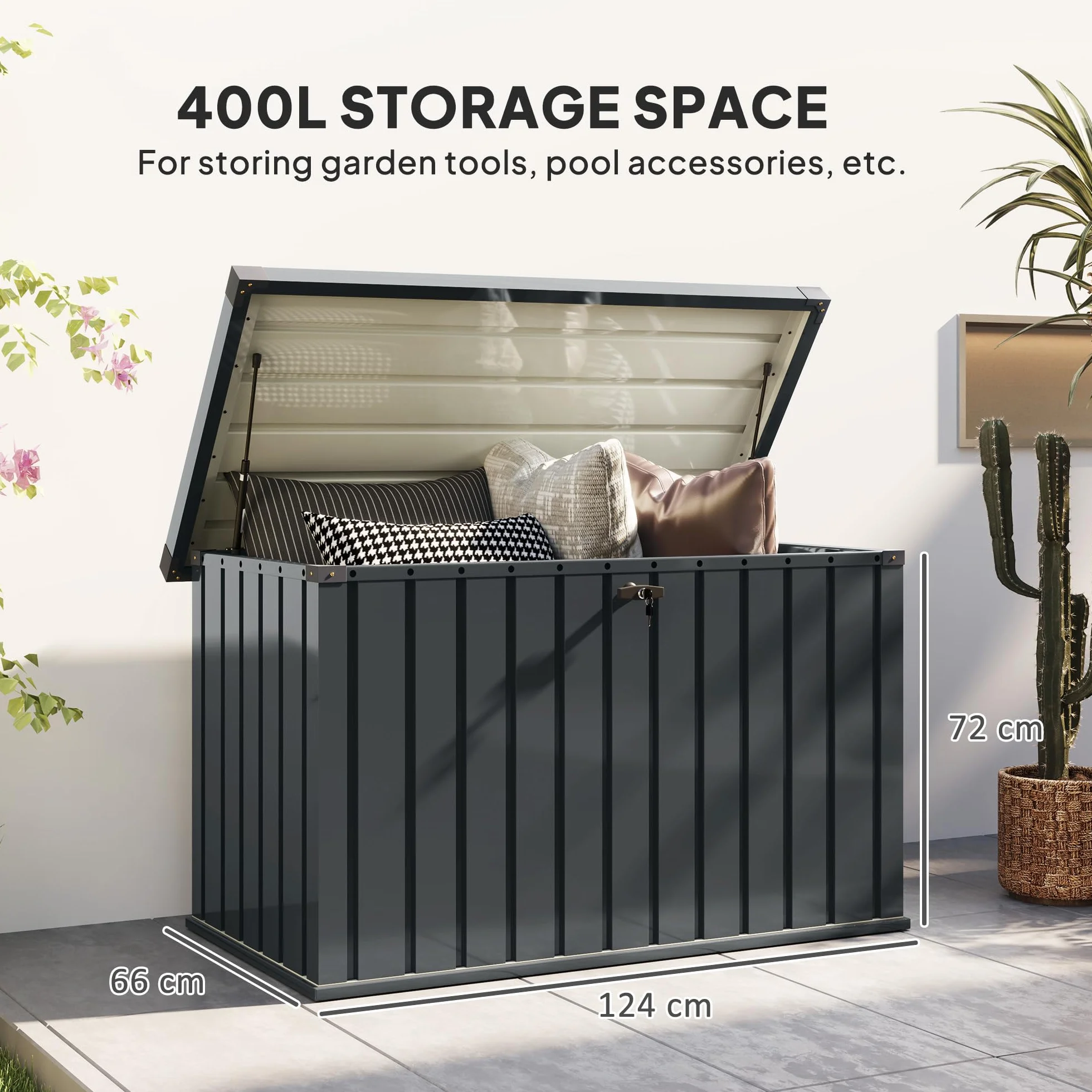 Outsunny coffre d'extérieur 400L acier galvanisé étanche 124x66x72 cm gris foncé