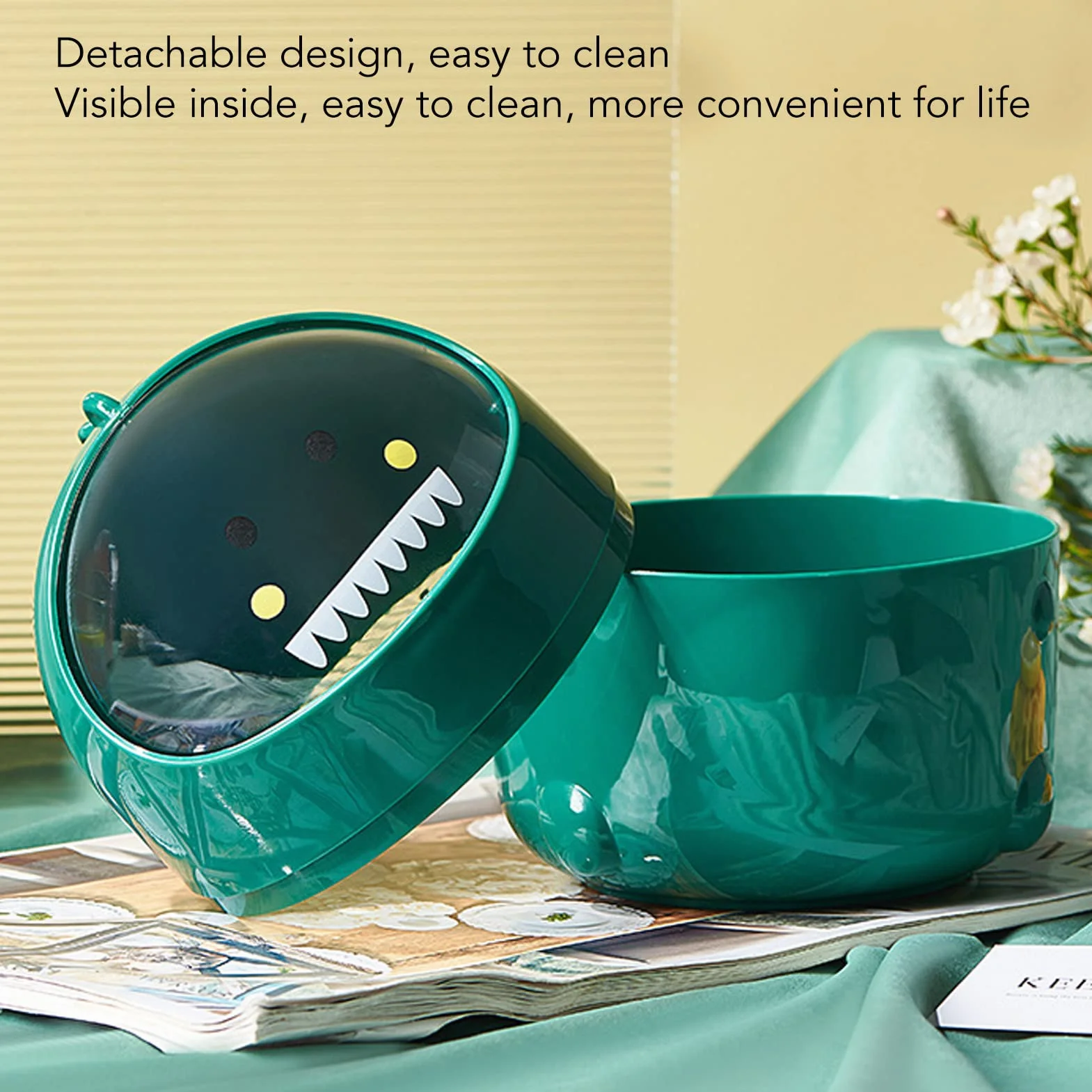 Mini Poubelle avec Couvercle pivotant, Poubelle de Bureau Mignonne, Plastique, Dinosaure Vert
