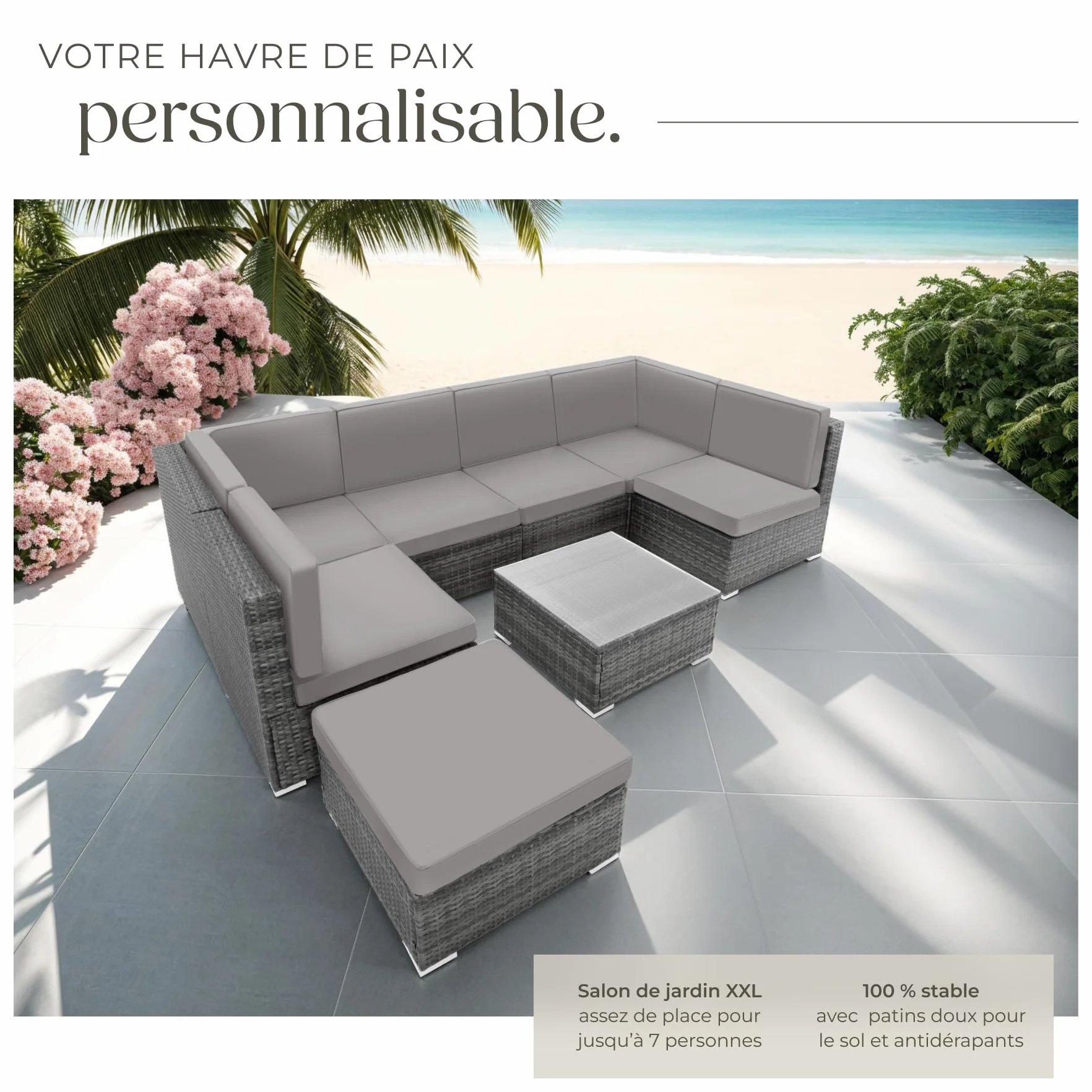Tectake Salon de Jardin en Rotin Modulable, Canapé Ensemble 6 Fauteuils 1 Tabouret Pouf 1 Table Gris