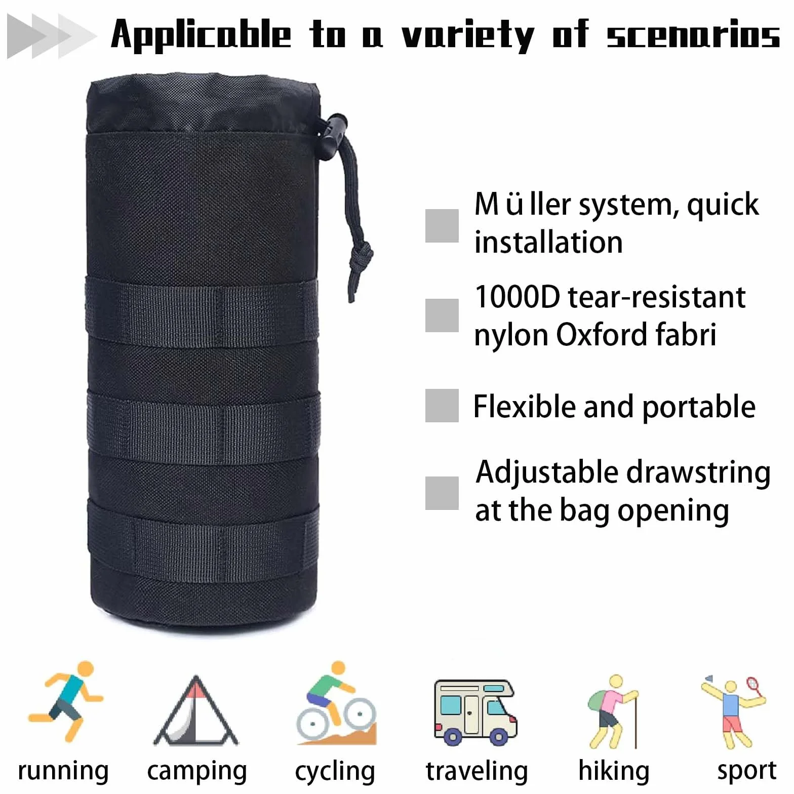 Porte Gourde Porte Gourde Sac à Dos Sac Gourde avec Cordon de Serrage Support Gourde Velo Sac Tactique Porte Gourde Randonnée pour Randonnée, Chasse, Camping, Entraînement