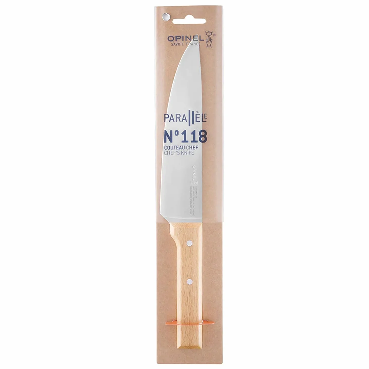 Opinel - N°118 Couteau de Chef Parallèle - Lame en Acier Inoxydable, Multifonction - Manche en Bois de Hêtre - Excellente Prise en Main - Garantie à Vie