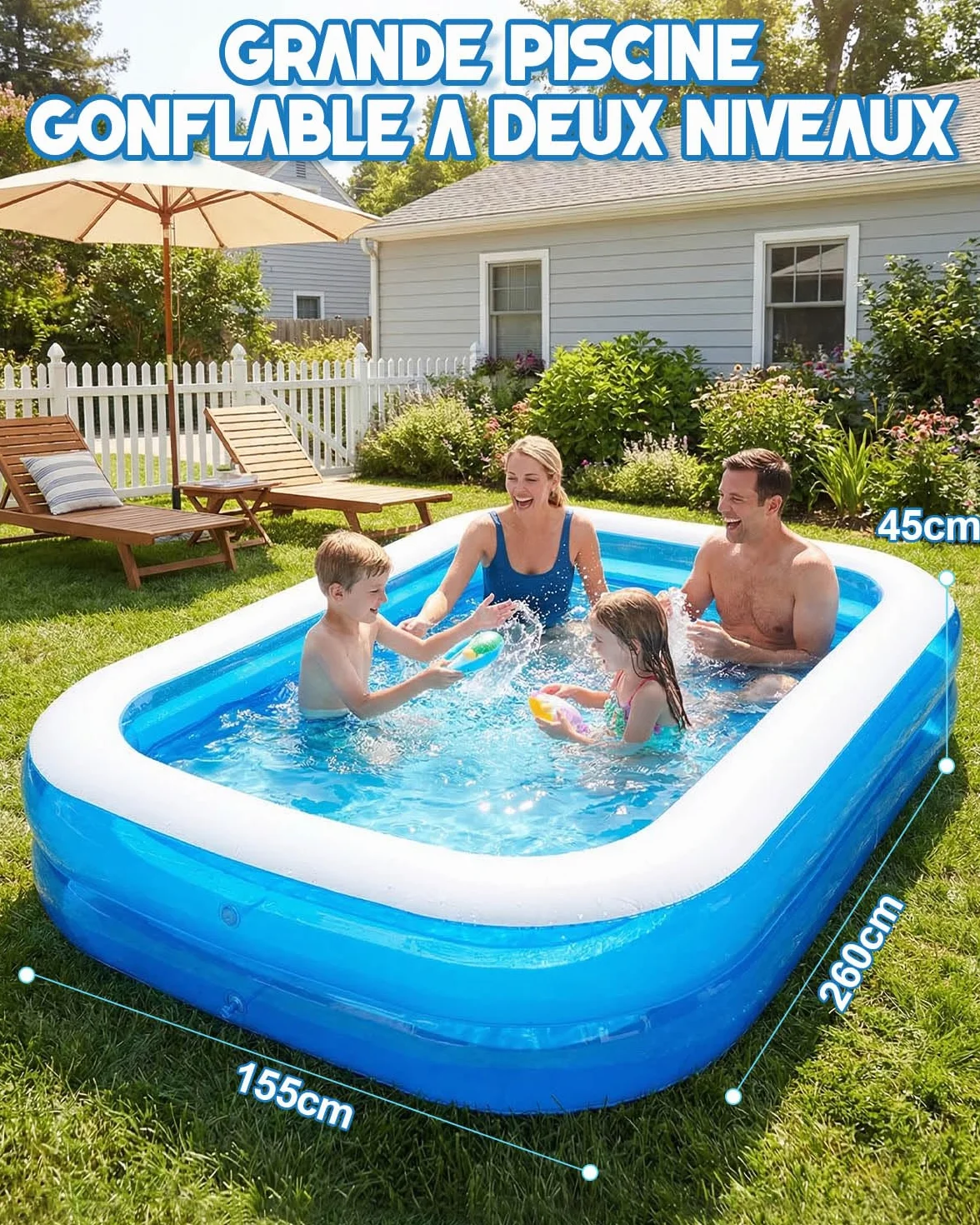 Piscine Gonflable Rectangulaire 260 x 155 x 45 cm, Grande Piscine pour Enfants Adultes, Bassin Pliable Extérieur Jardin