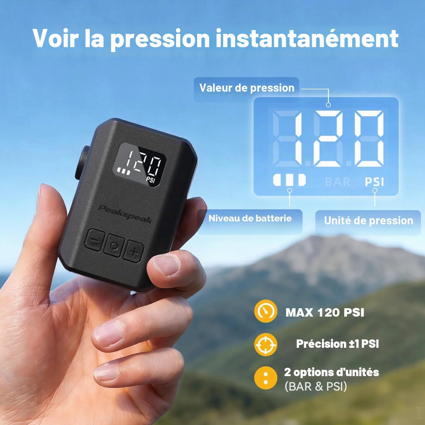 Peakspeak Mini Pompe à vélo AS260PRO, Pompe à vélo avec manomètre et Auto-Stop, Rechargeable USB-C, gonflage précision valves Presta/Schrader, vélo Route, VTT et Moto