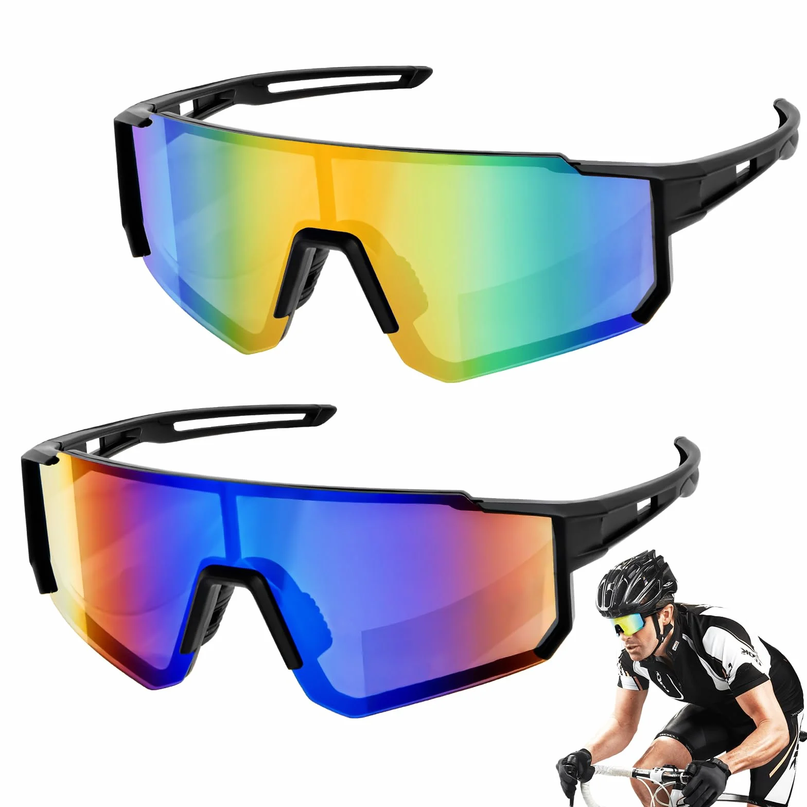 WuGU Lot de 2 lunettes de soleil de sport, lunettes de cyclisme polarisées pour homme et femme, protection UV400 lunettes pour cyclisme, moto, course, ski, alpinisme, pêche, etc