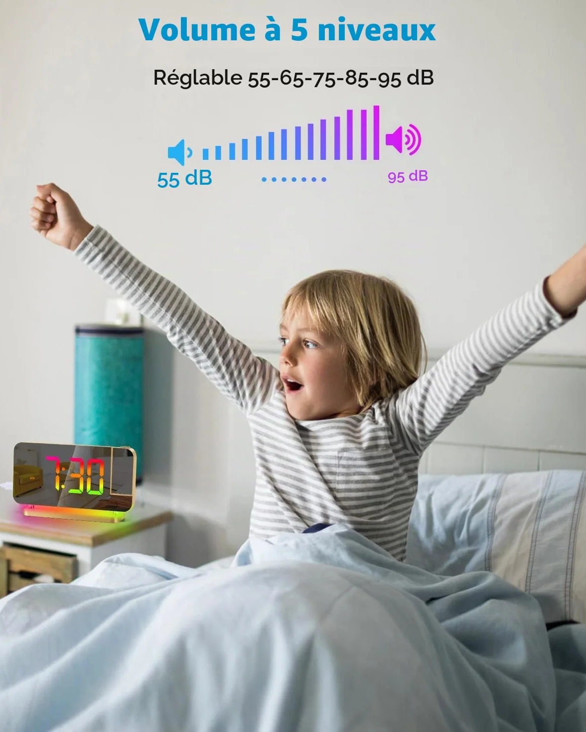 Réveil à projection Miroir LED 7,4" avec veilleuse RVB station de charge USB C projecteur rotatif 180° doré
