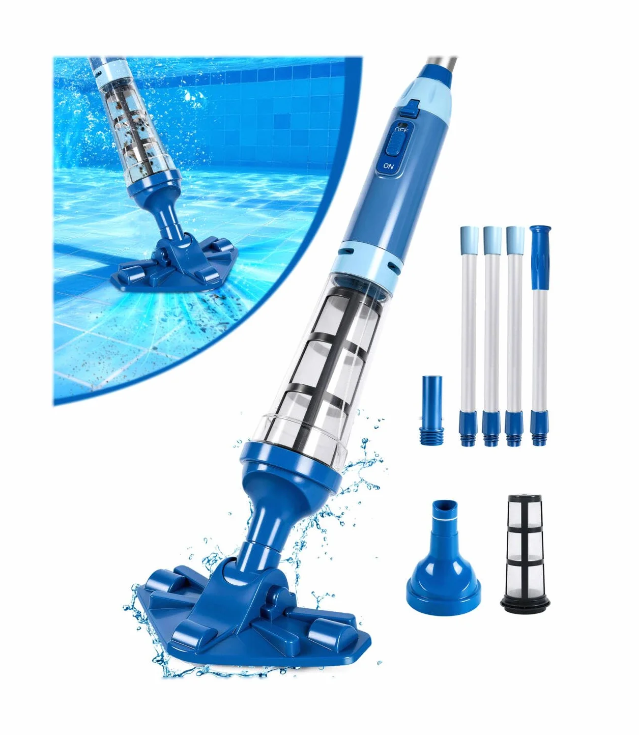 PoolLeader Aspirateur Piscine sans Fil 60L/Min 2.13M Balai avec Capteur d'eau 2 Têtes Nettoyage Autonomie 90min