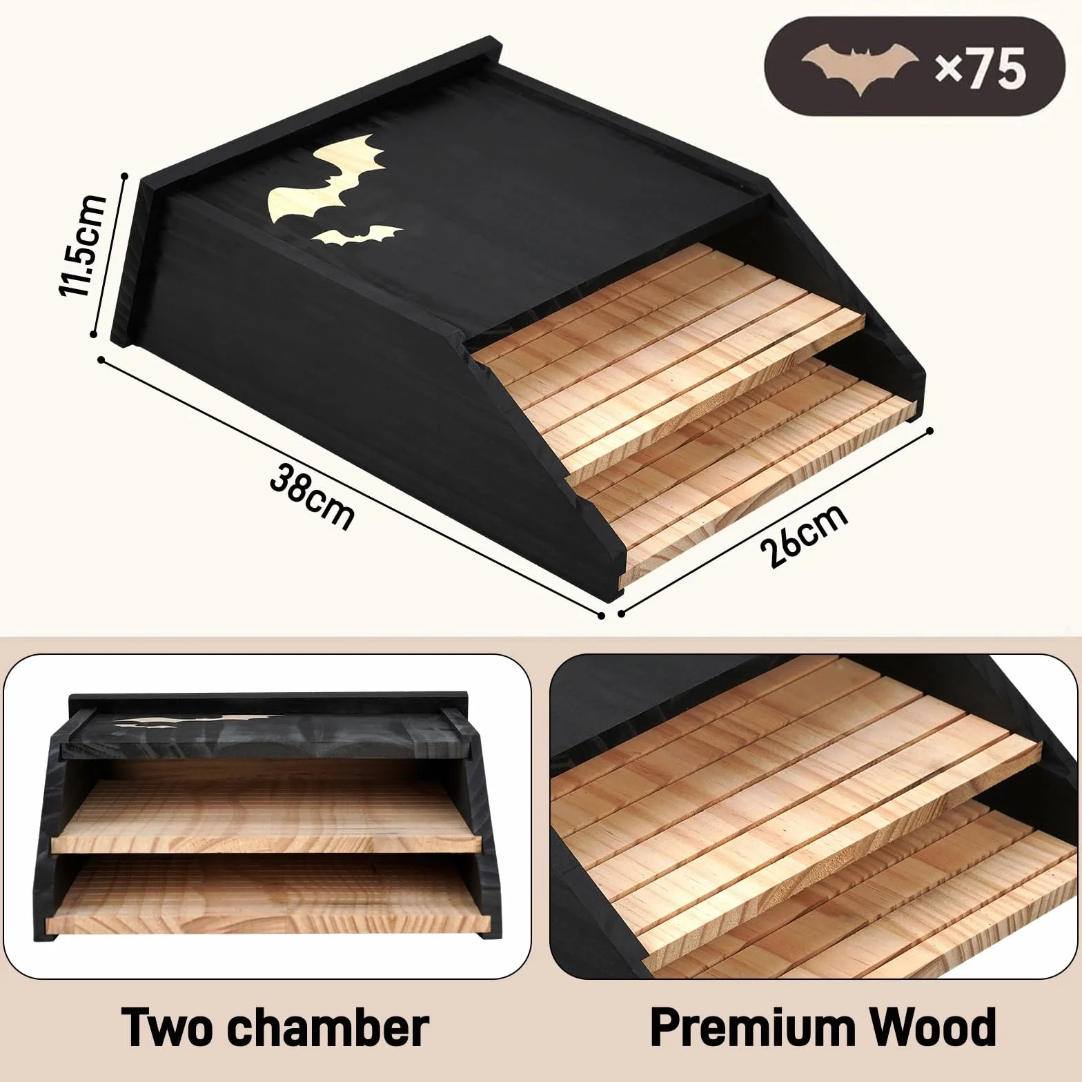 Nichoir pour chauve-souris en bois double chambre résistant aux intempéries noir
