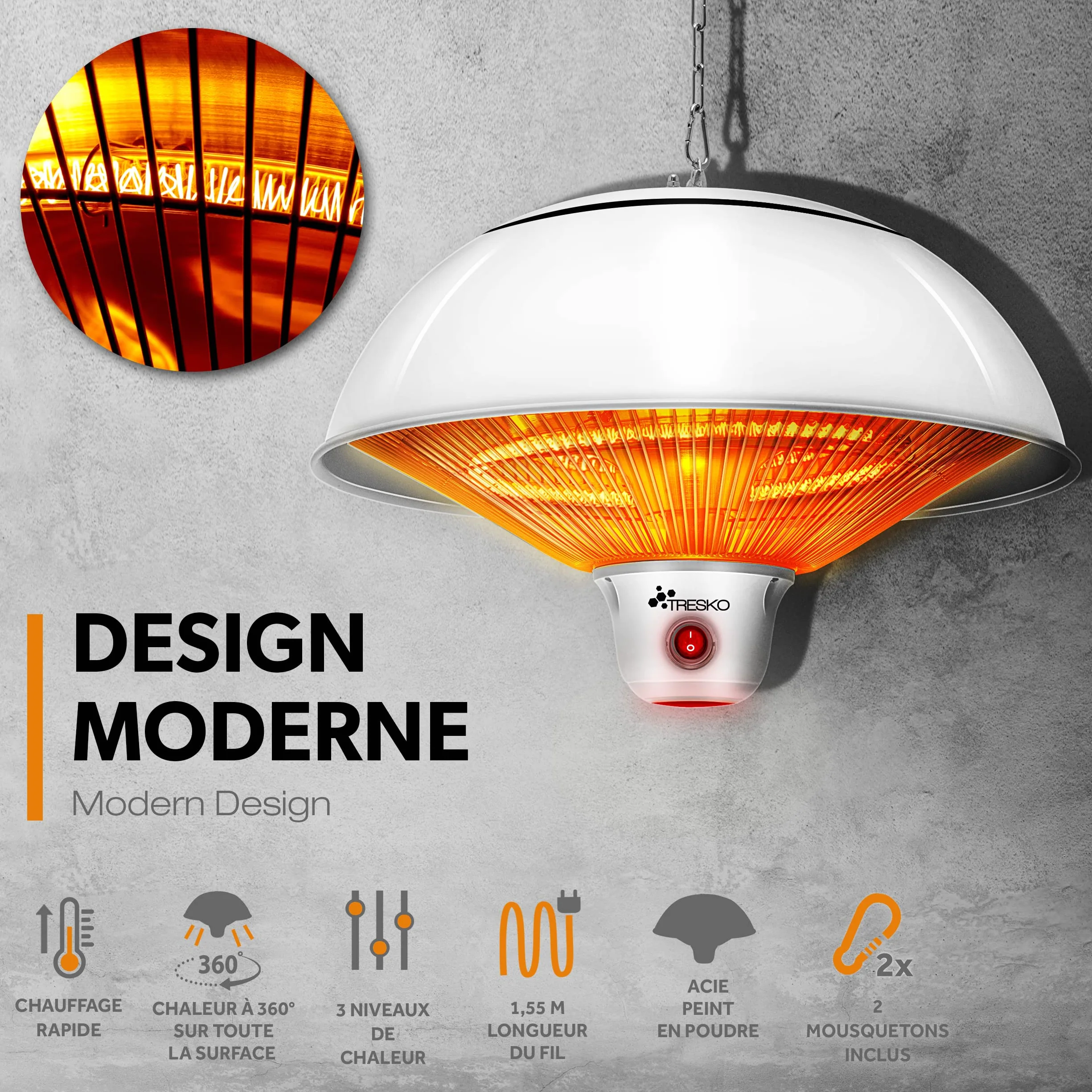TRESKO Radiateur Infrarouge Plafond 1500W avec Télécommande et Affichage LED 3 Niveaux de Chaleur Blanc