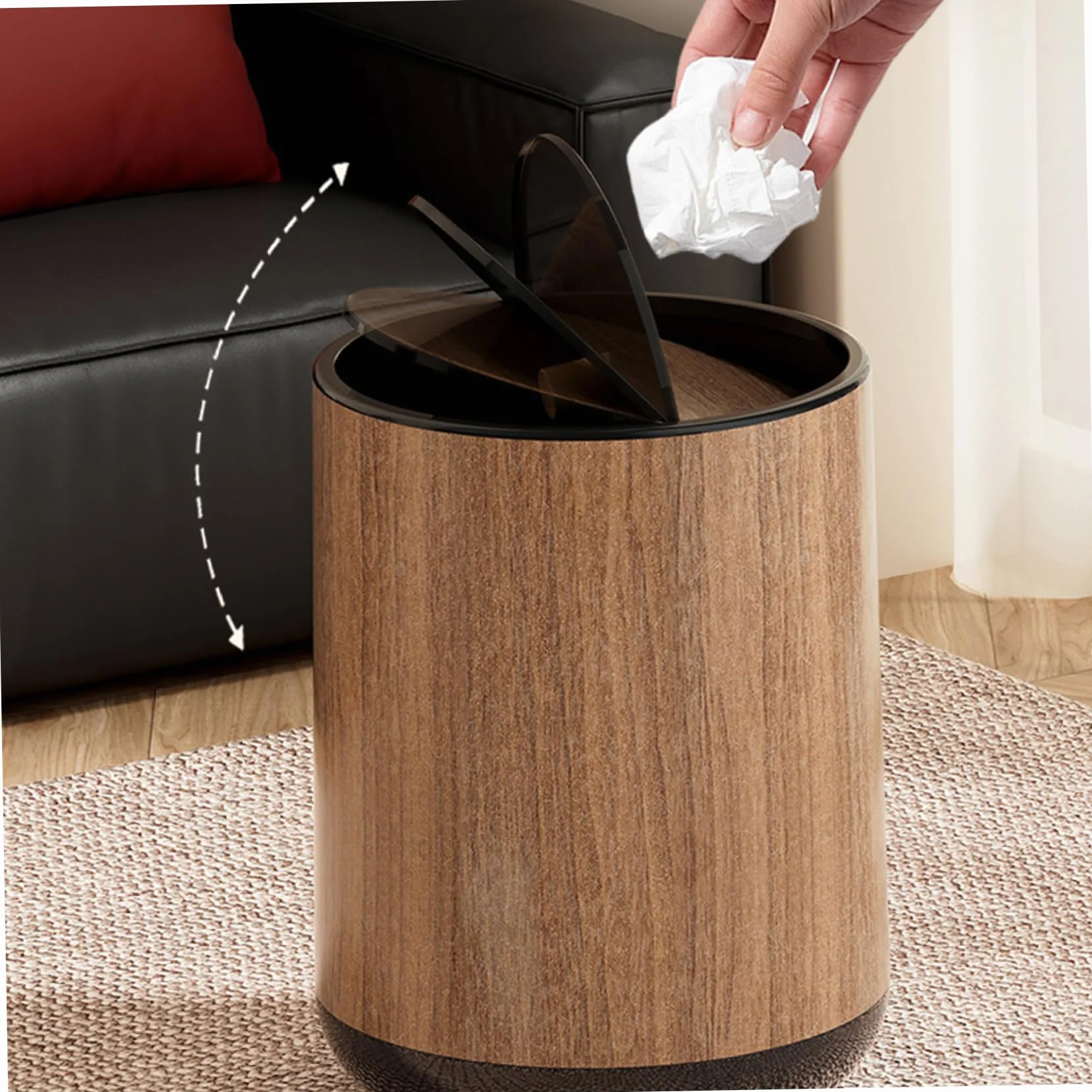 Poubelle 15 L grain de bois avec couvercle swing, seau intérieur détachable