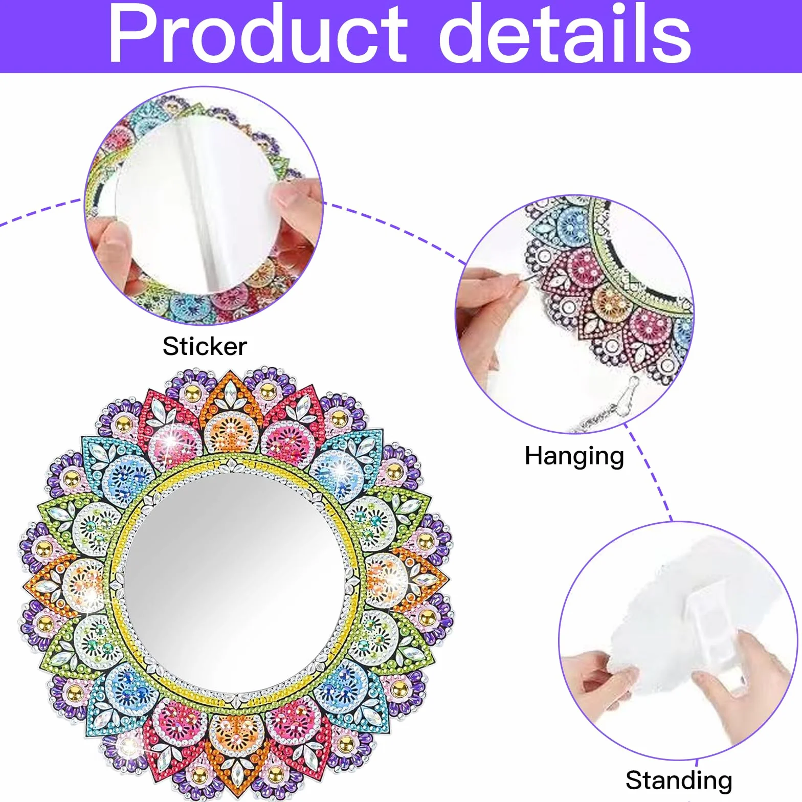 Binnan 5D Diamond Painting Mirror, Miroir de Maquillage Mandala, Miroir Diamant en Cristal pour Filles