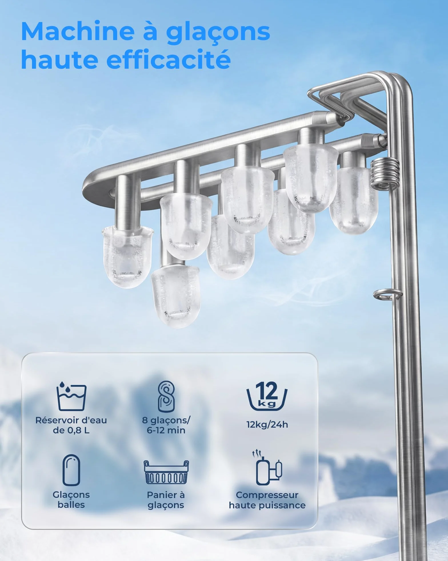 WELLENT Machine à Glaçons de Comptoir, 8 Glaçons en 6 Min, Capacité 12KG/24H, 2 Tailles, Portable avec Auto-Nettoyage