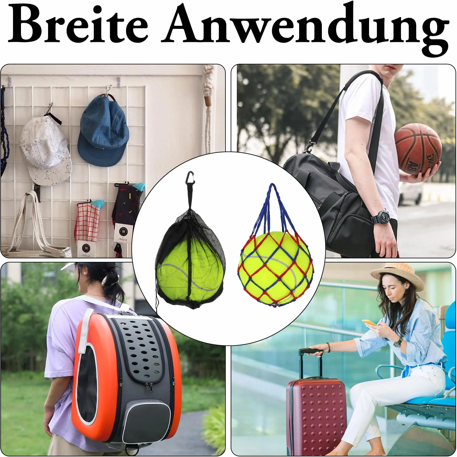 Sac à Ballon en Maille Filet,Portable et Pliable avec Cordon de Serrage et Mousqueton，pour 1 Ballon avec Poche zippée, Sac à Dos pour Basketball, Football, Handball, Volley-Bal