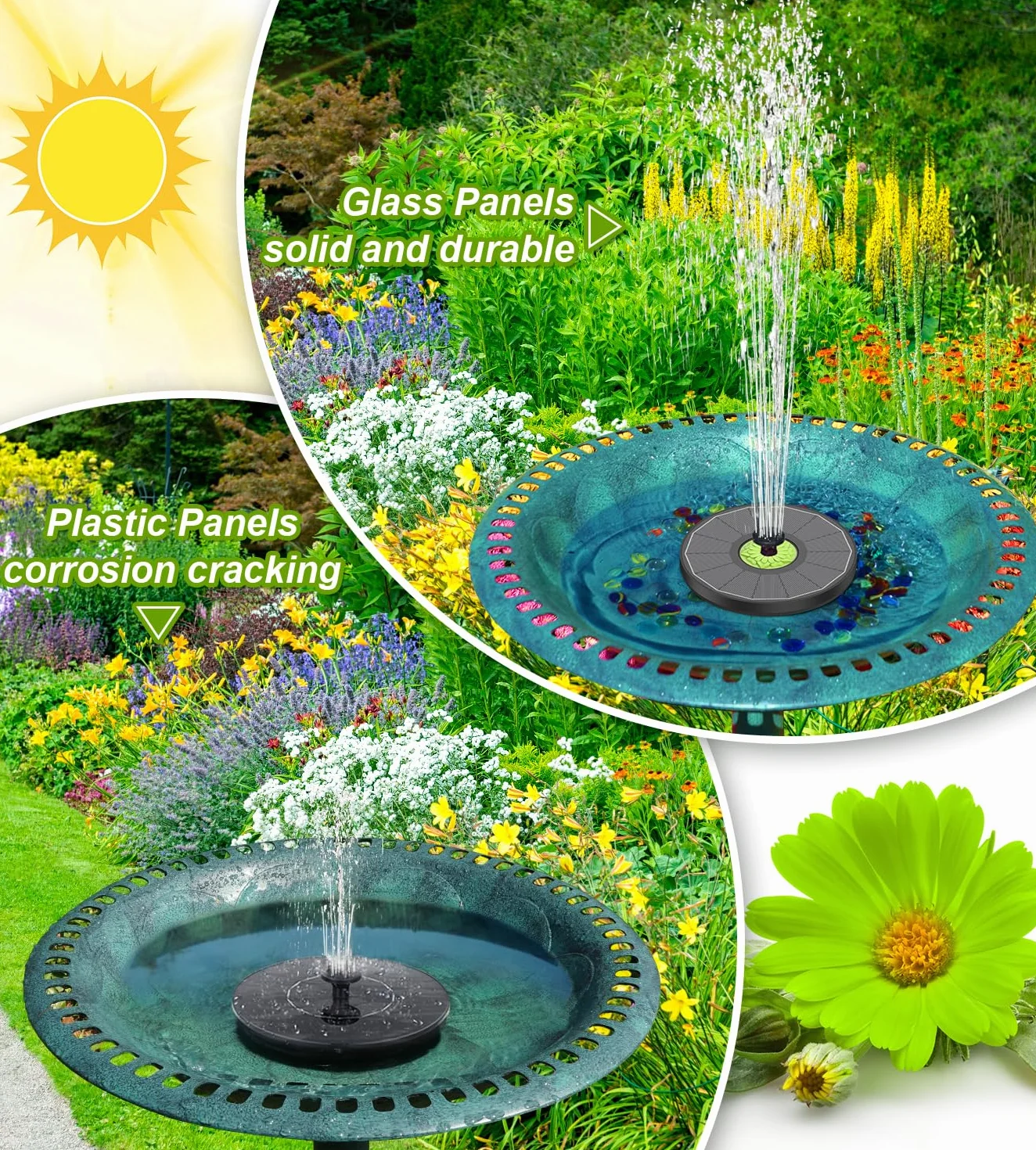 Fontaine Solaire Extérieur 3.5W Flottante Pompe Bassin Solaire Verre 7 Buses 4 Tiges Fixes Noir