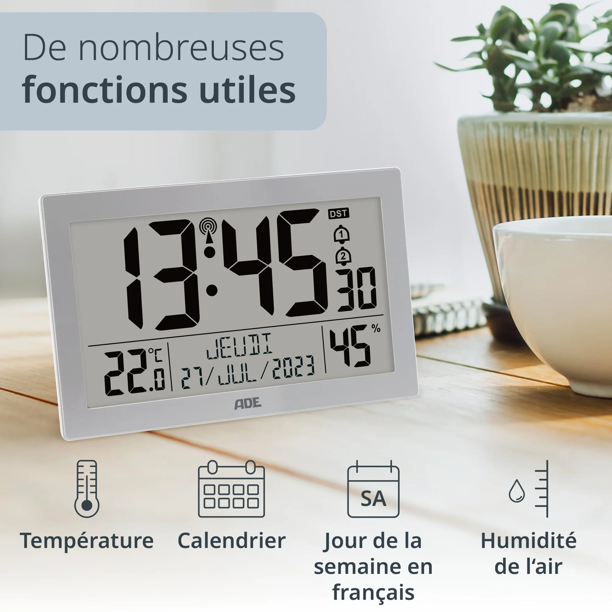 ADE Horloge radiopilotée numérique Grand écran XL avec thermomètre hygromètre réveil argenté