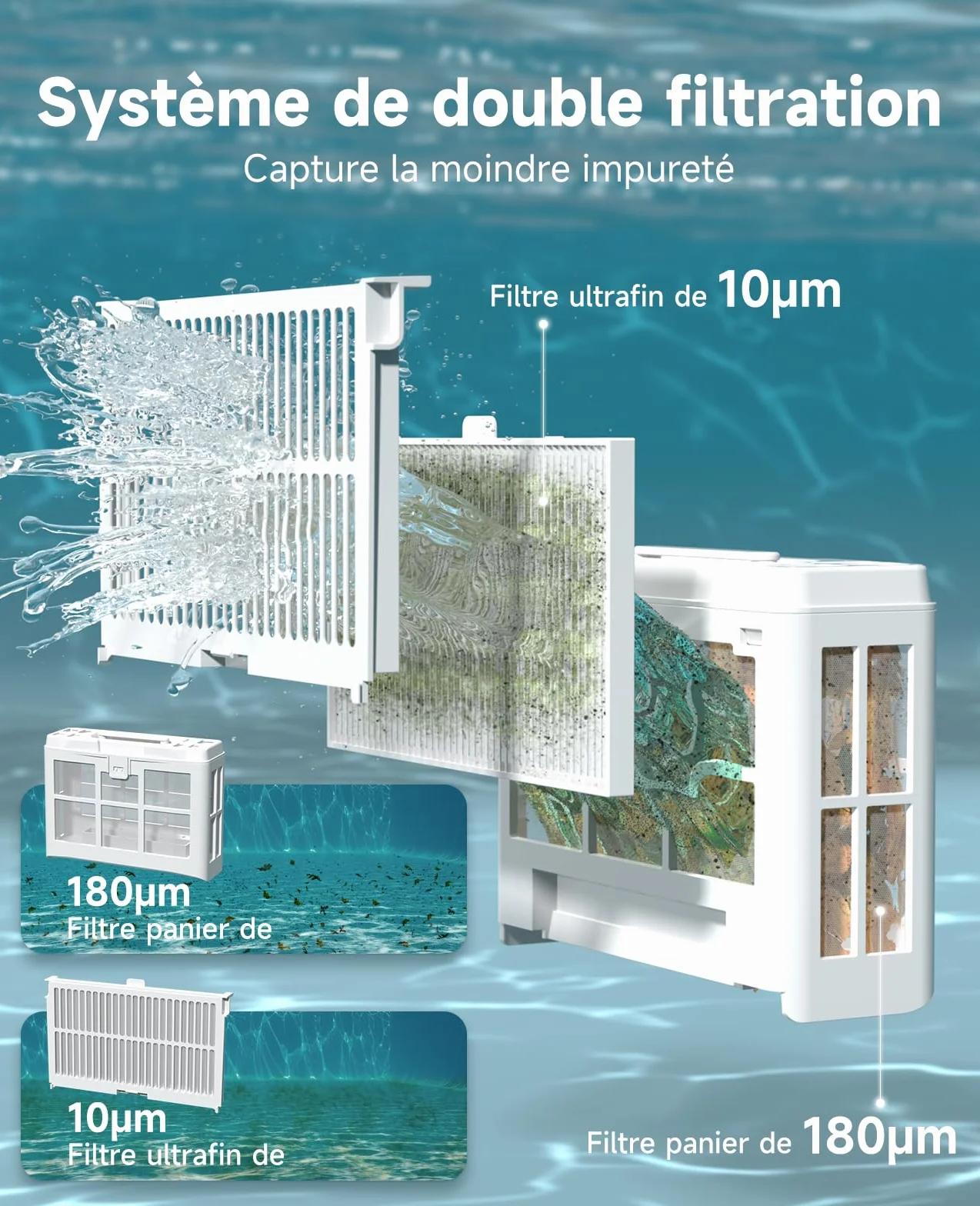 WYBOT C2 Robot Piscine sans Fil, Double Filtration, 3 Moteurs, Aspiration Puissante, 180 Min, pour Piscines Enterrées 150㎡