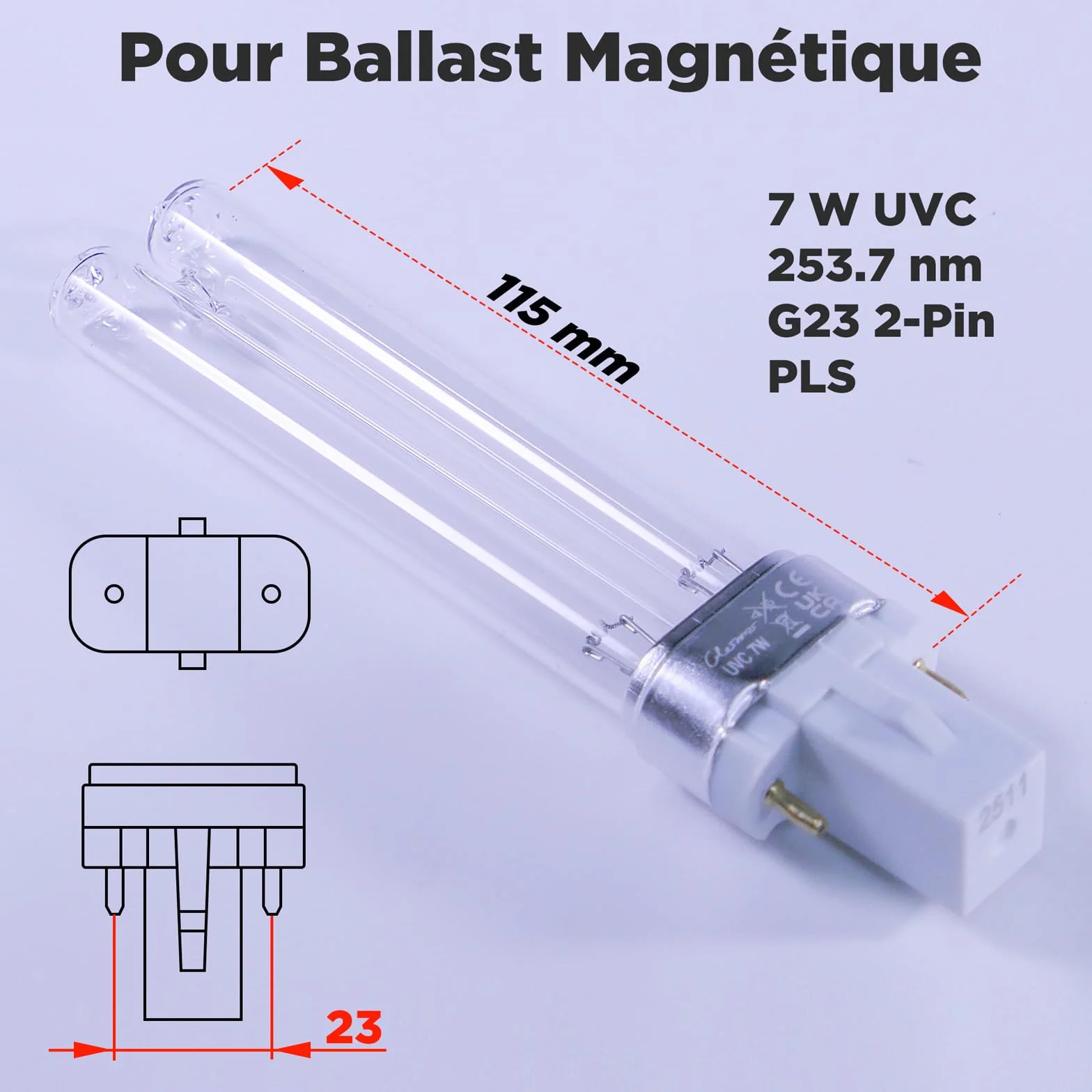 Glostars 7W G23 PL-S Lampe T-UV de Remplacement pour Ballast Inductif – Compatible Clarificateur de Bassin Filtre UVC (1 Pièce)
