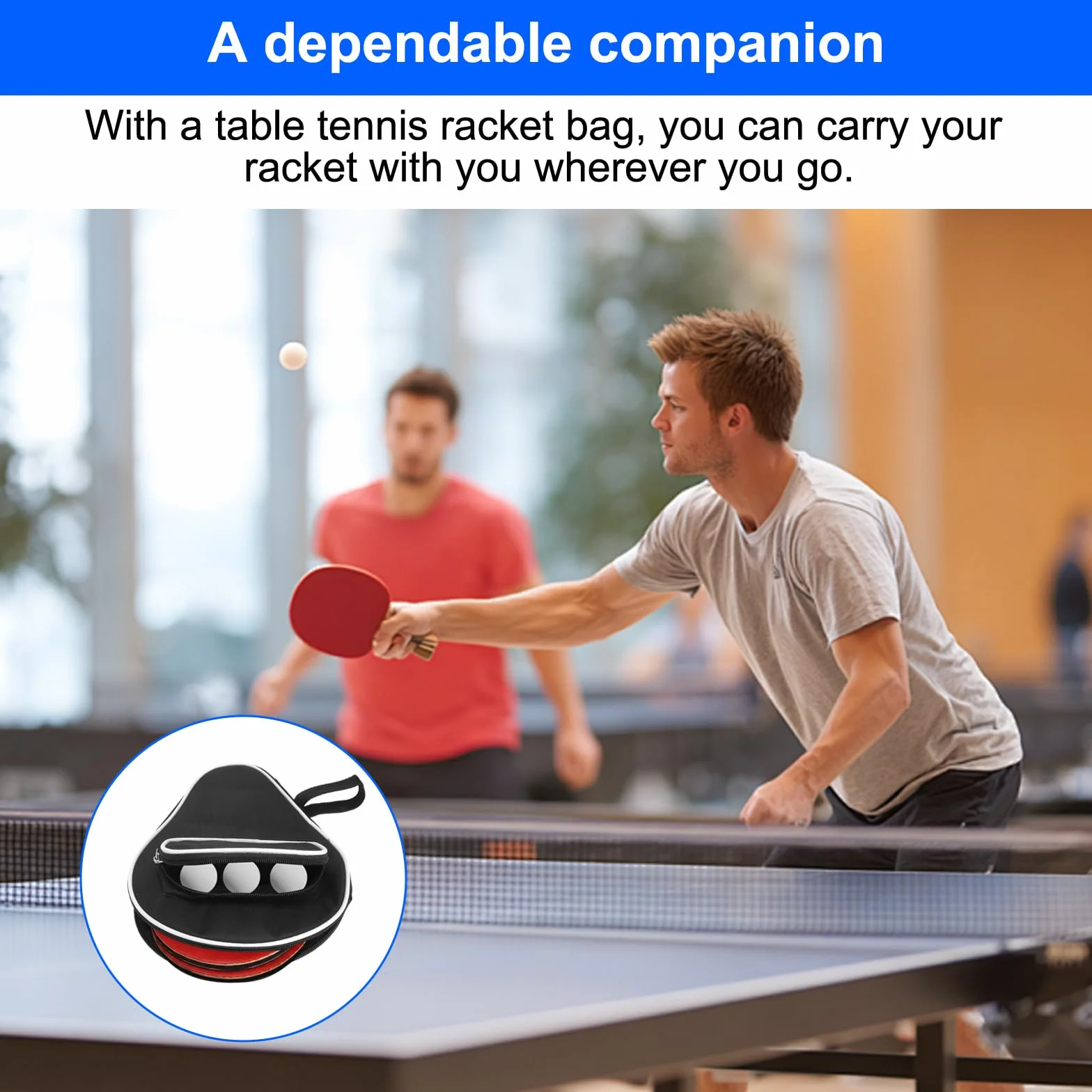 Pochette raquette ping pong imperméable pour 2 raquettes et 3 balles avec porte-clés noire