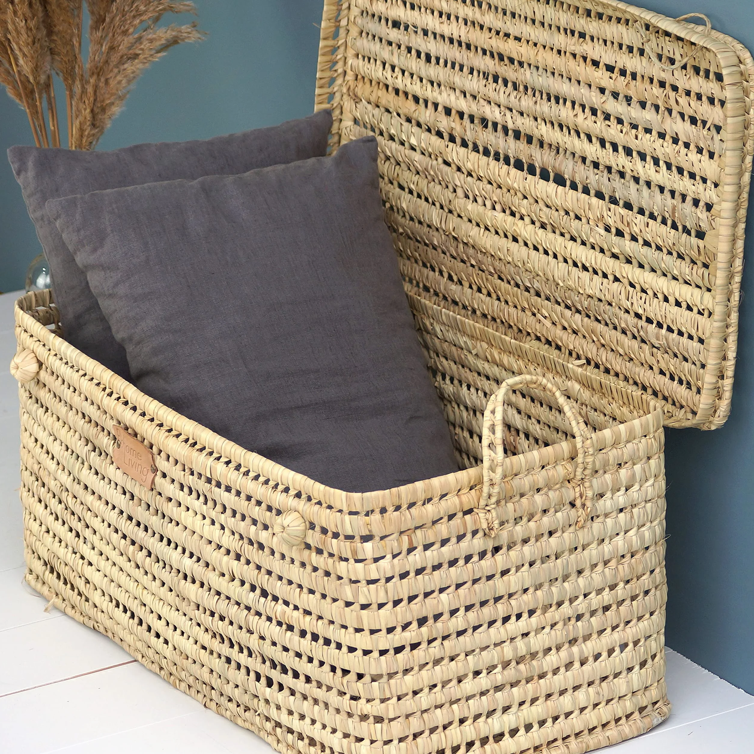 Coffre de Rangement Osier Tressé 80cm Déco Bohème Chic