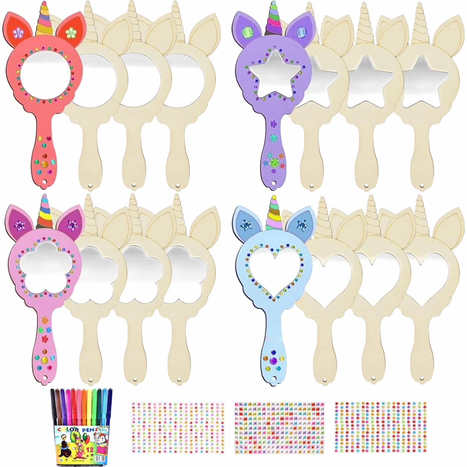 Bricolage Miroir Couronne Princesse en Bois 12 Pièces DIY Miroirs à Colorer avec Pinceaux